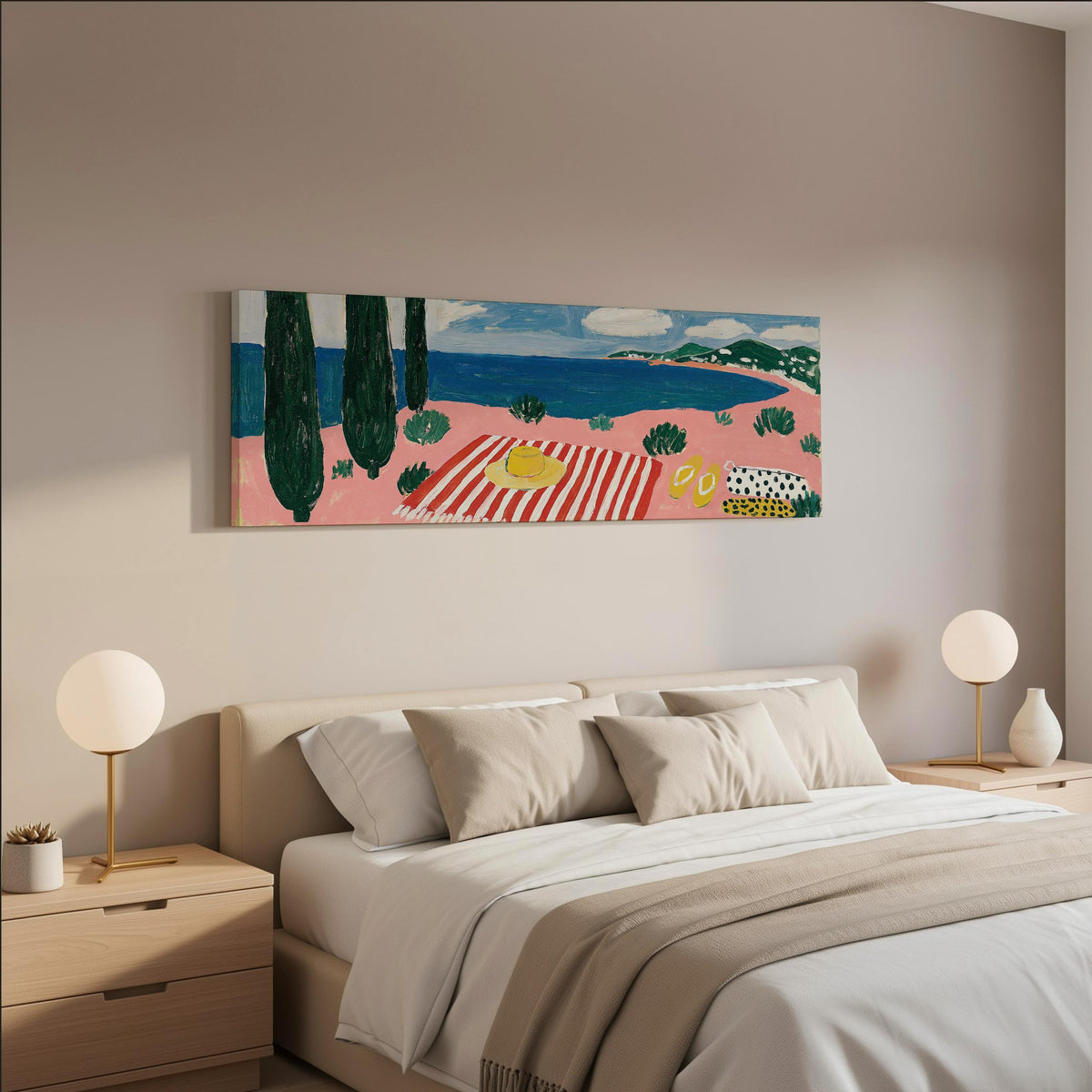 Mediterranean beach day with a striped towel wide panoramic canvas print above a bed in a neutral bedroom