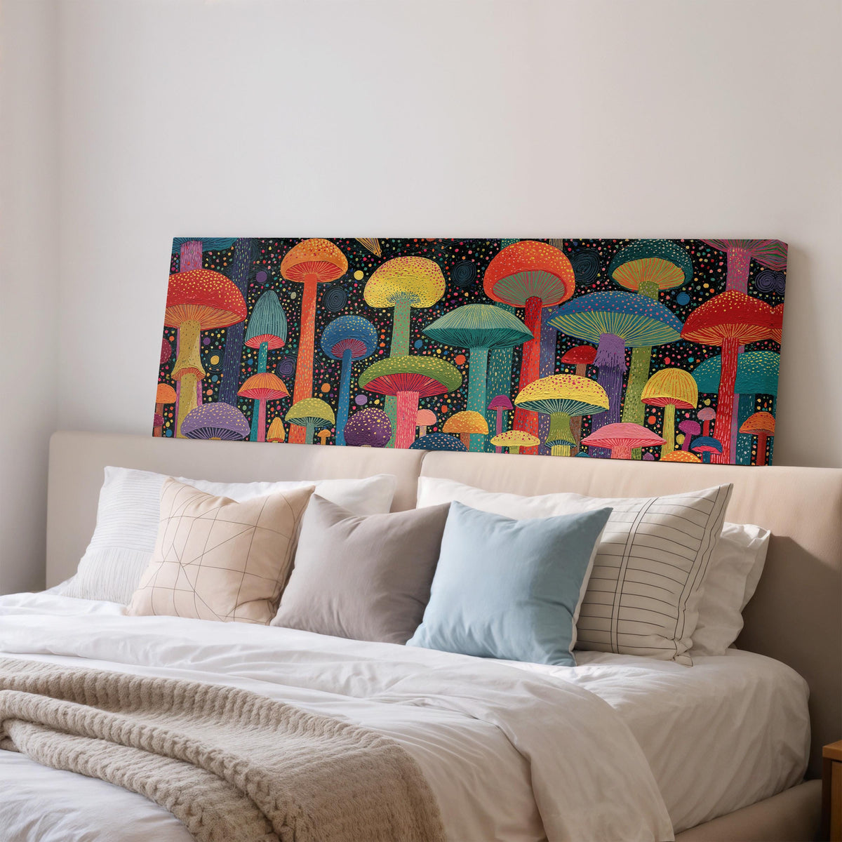 Colorful dotted mushrooms at midnight wide panoramic canvas print above a bed in a bedroom