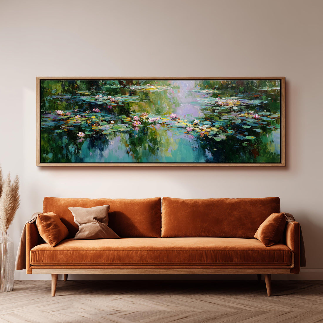 a large painting of a pond with lily pads hanging on a wall above a black and white checkered sofa.