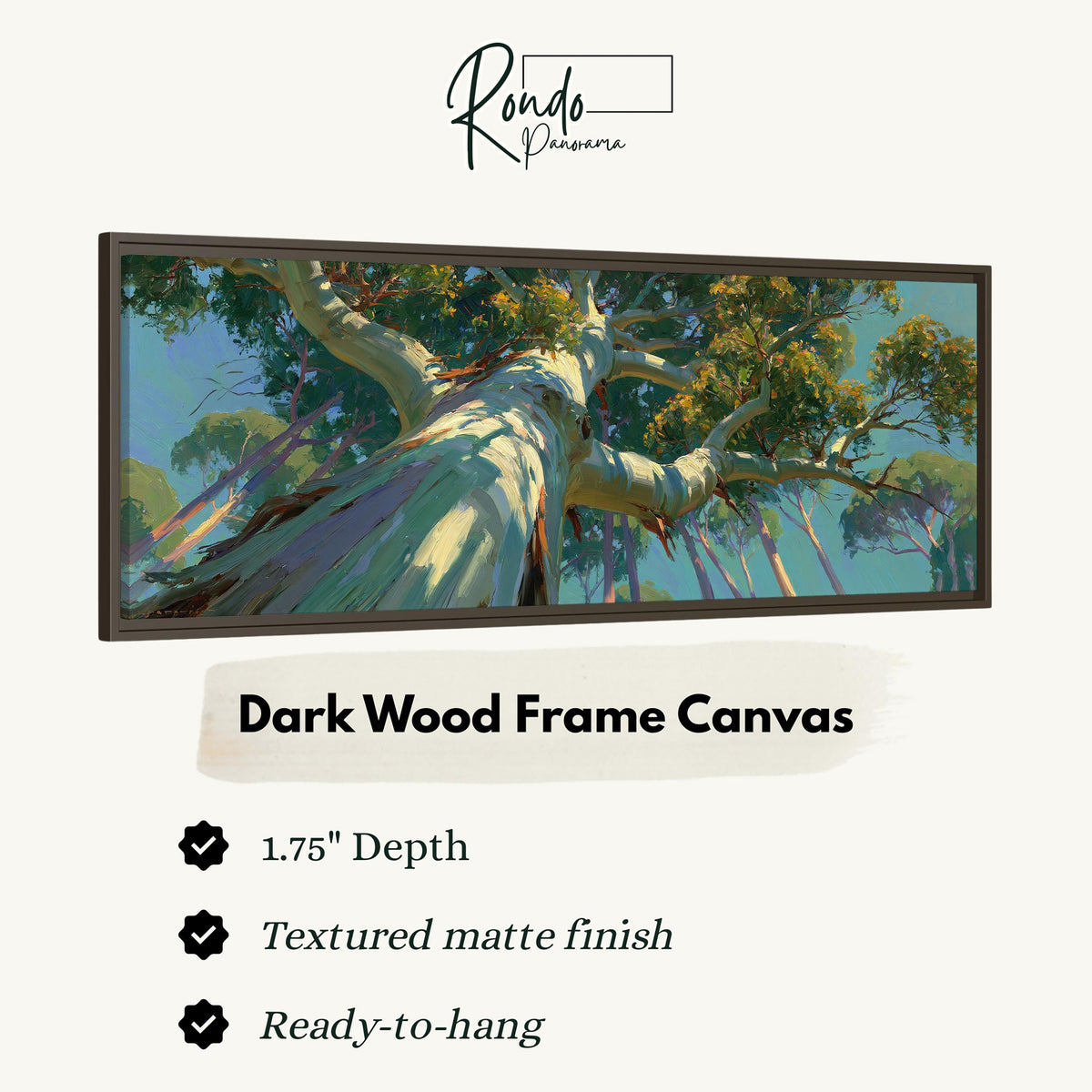 Eucalyptus canopy against a blue sky canvas print in a dark wood floating frame