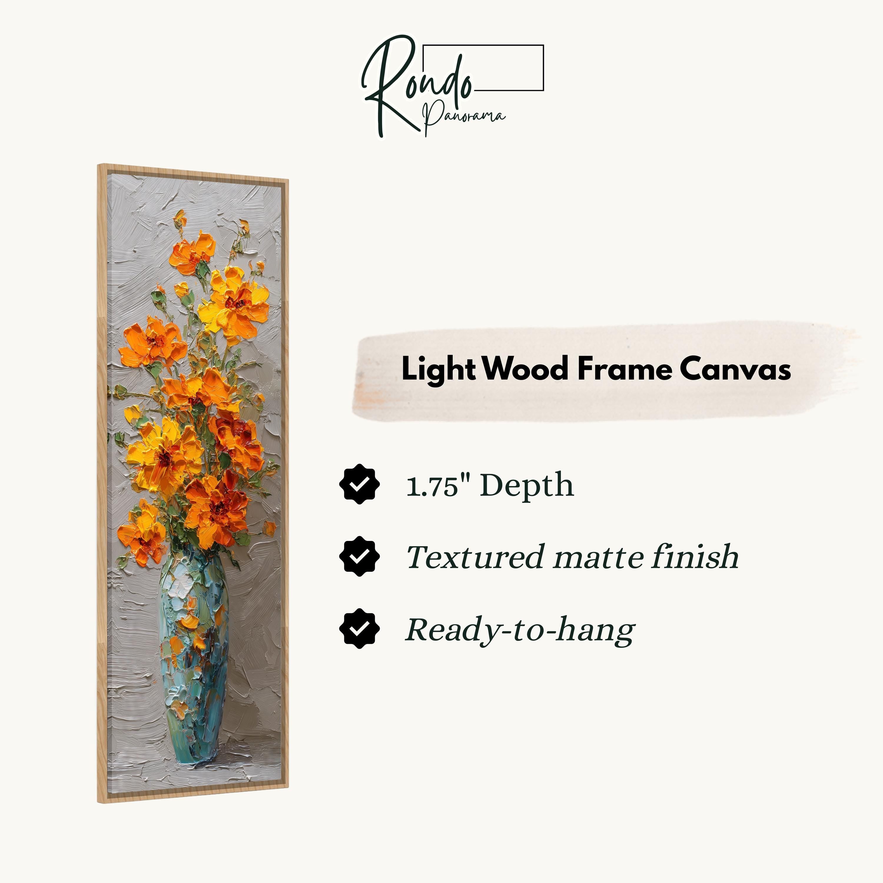The image is a light wood frame canvas depicting a vase filled with orange flowers.