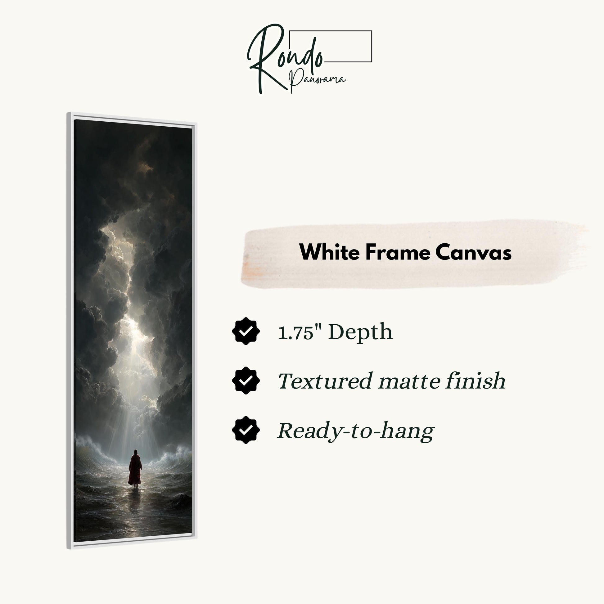 The image is a white frame canvas depicting a person standing in front of a stormy sea.