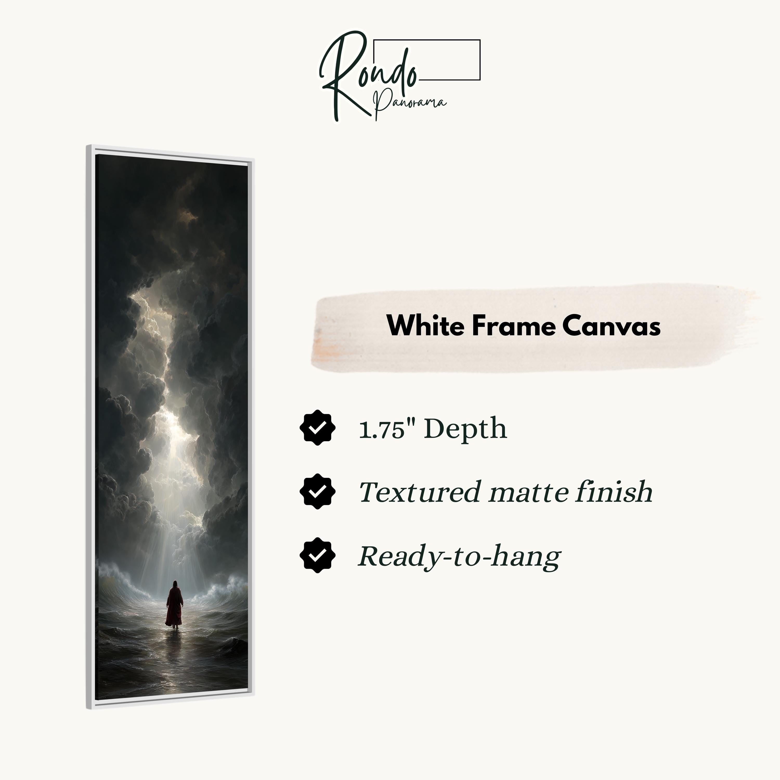 The image is a white frame canvas depicting a person standing in front of a stormy sea.