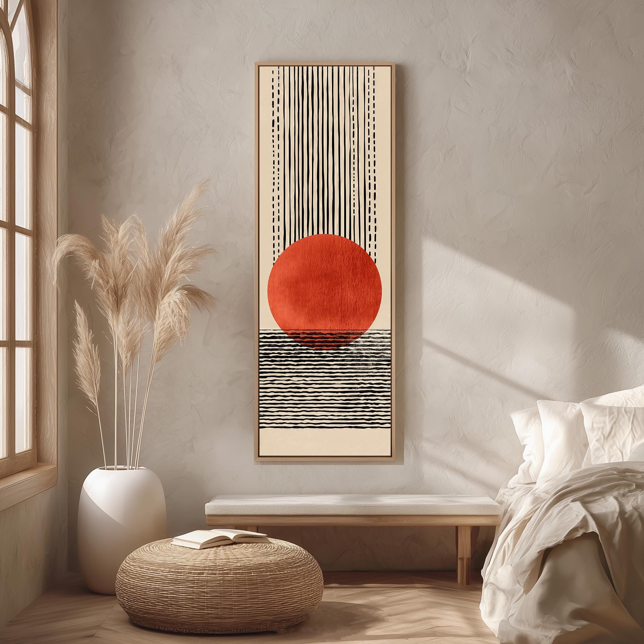 a minimalist bedroom interior with a large abstract painting featuring a red circle and black stripes hanging on the wall. The room has a bed, a white ottoman, and a potted plant, creating a serene and modern atmosphere.