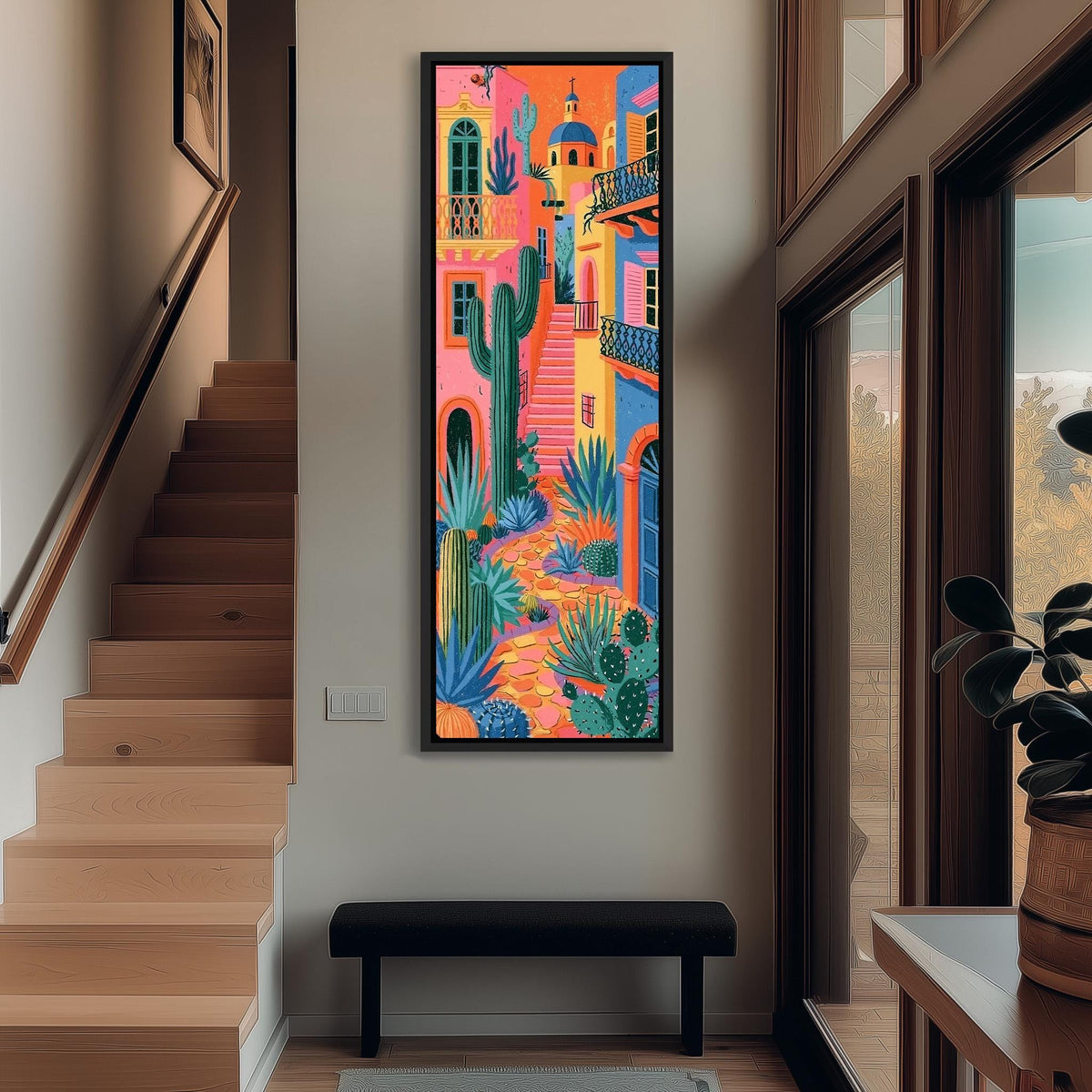 Colorful Mexican alley with cacti tall narrow canvas print beside a staircase in an entryway