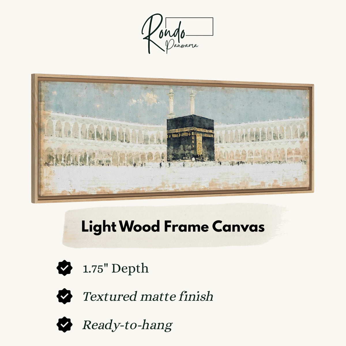 The Kaaba in the Grand Mosque courtyard canvas print in a light wood floating frame