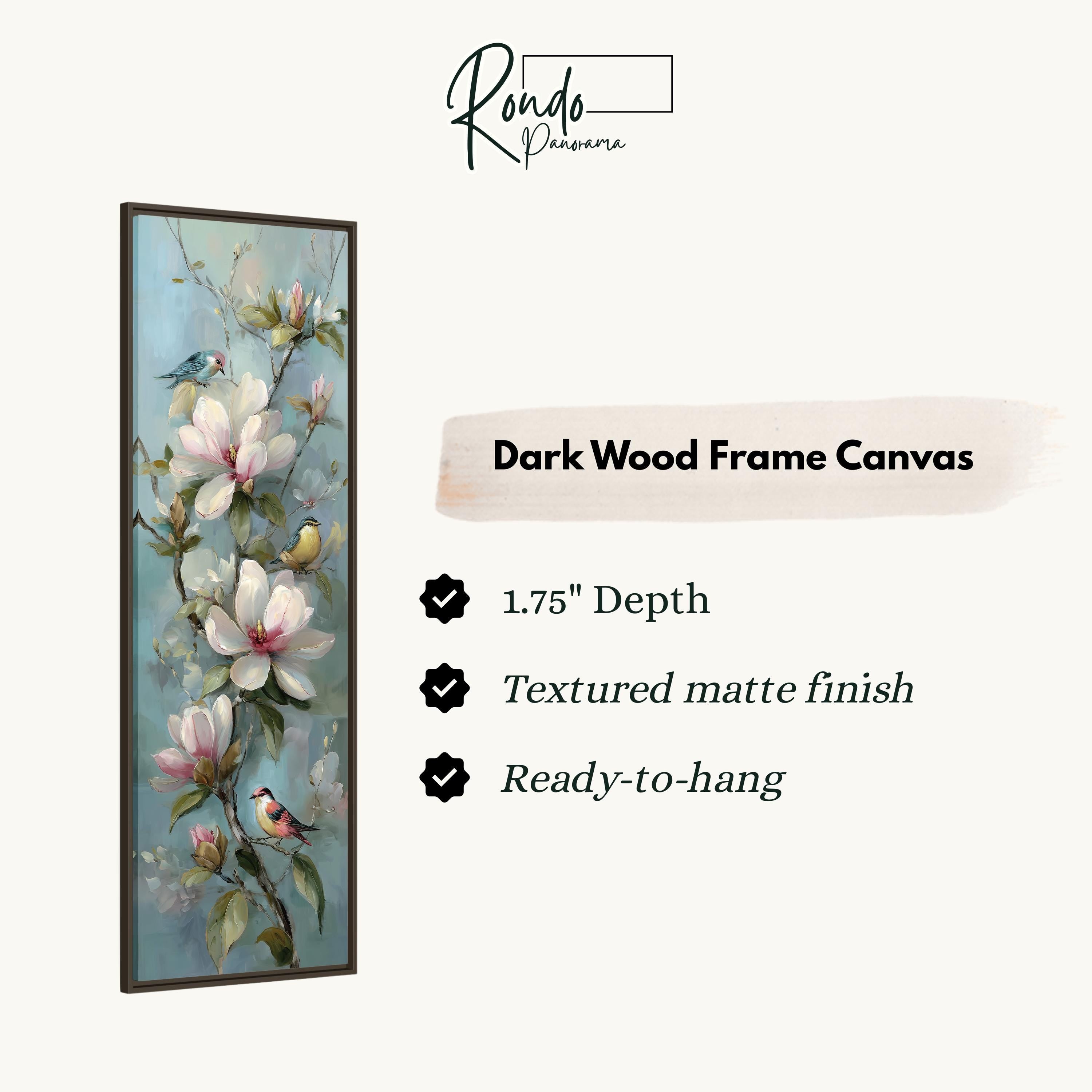 The image is a framed artwork depicting a floral scene with birds perched on branches. The frame is described as a "Dark Wood Frame Canvas" with a depth of 1.75" and a textured matte finish, making it suitable for hanging.