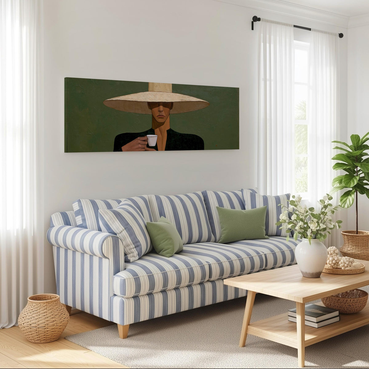 Shadowed woman in a sun hat with espresso long horizontal canvas print above a striped sofa in a coastal living room
