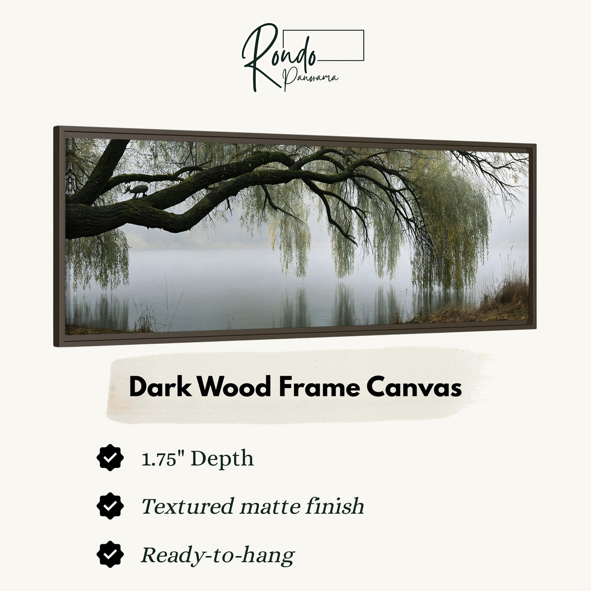 Weeping willow over a misty lake canvas print in a dark wood floating frame