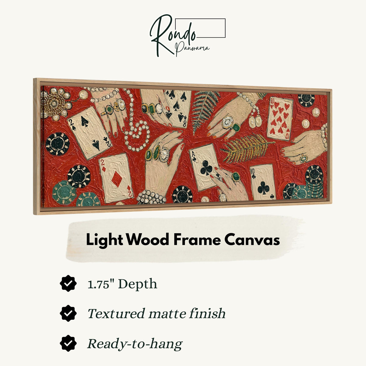 Playing cards, chips and jeweled hands canvas print in a light wood floating frame