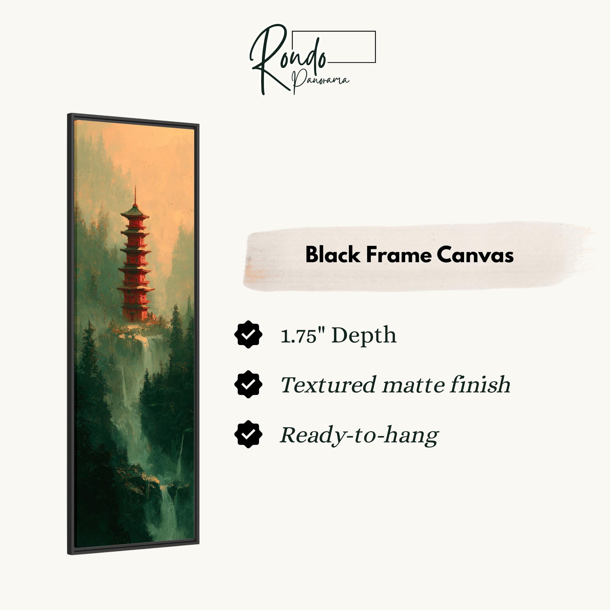 a black frame canvas depicting a pagoda in a forest setting.