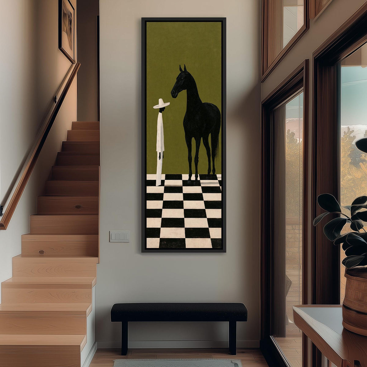 Black horse and figure on a checkerboard floor tall narrow canvas print beside a staircase in an entryway