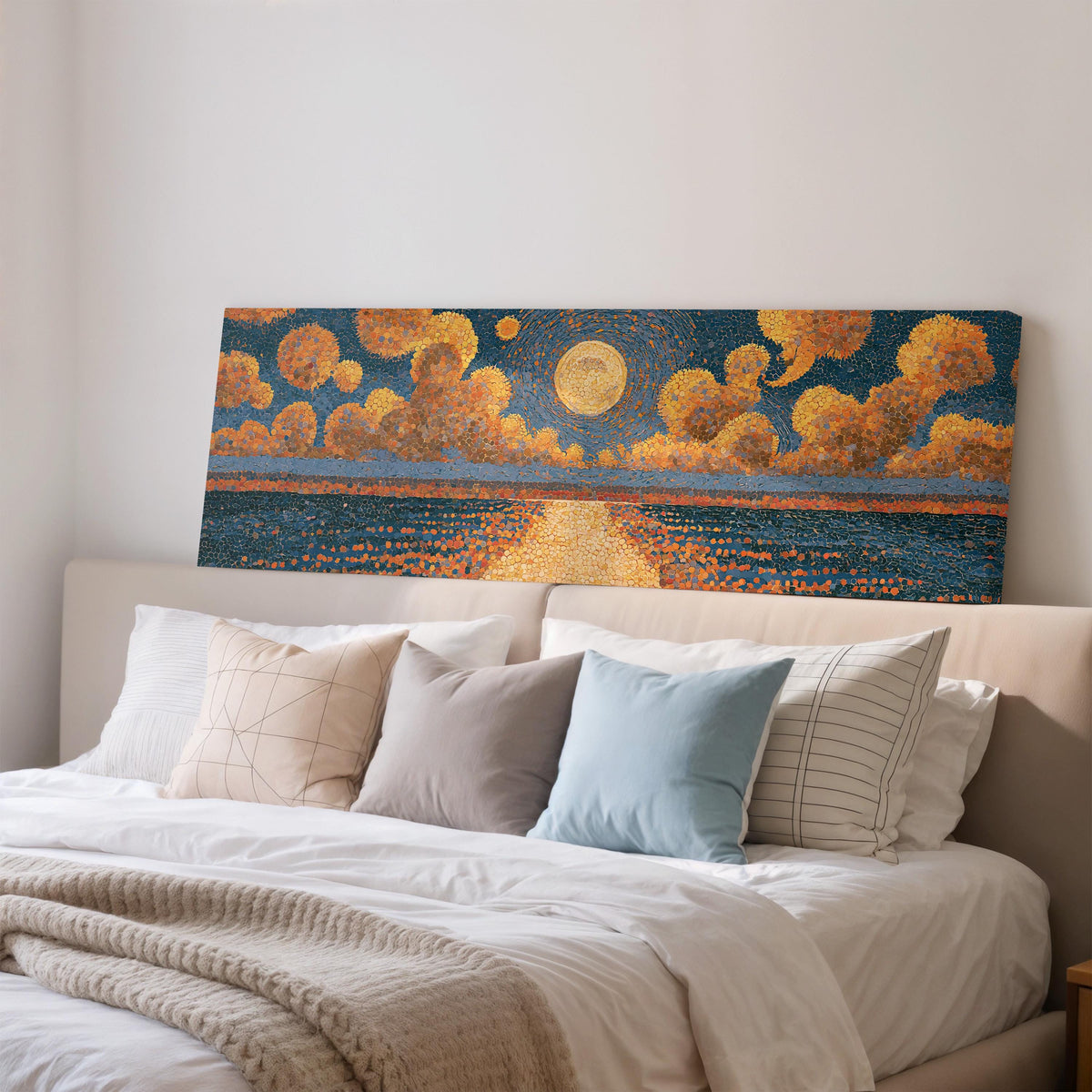 Golden sunset over a lake wide panoramic canvas print above a bed in a bedroom