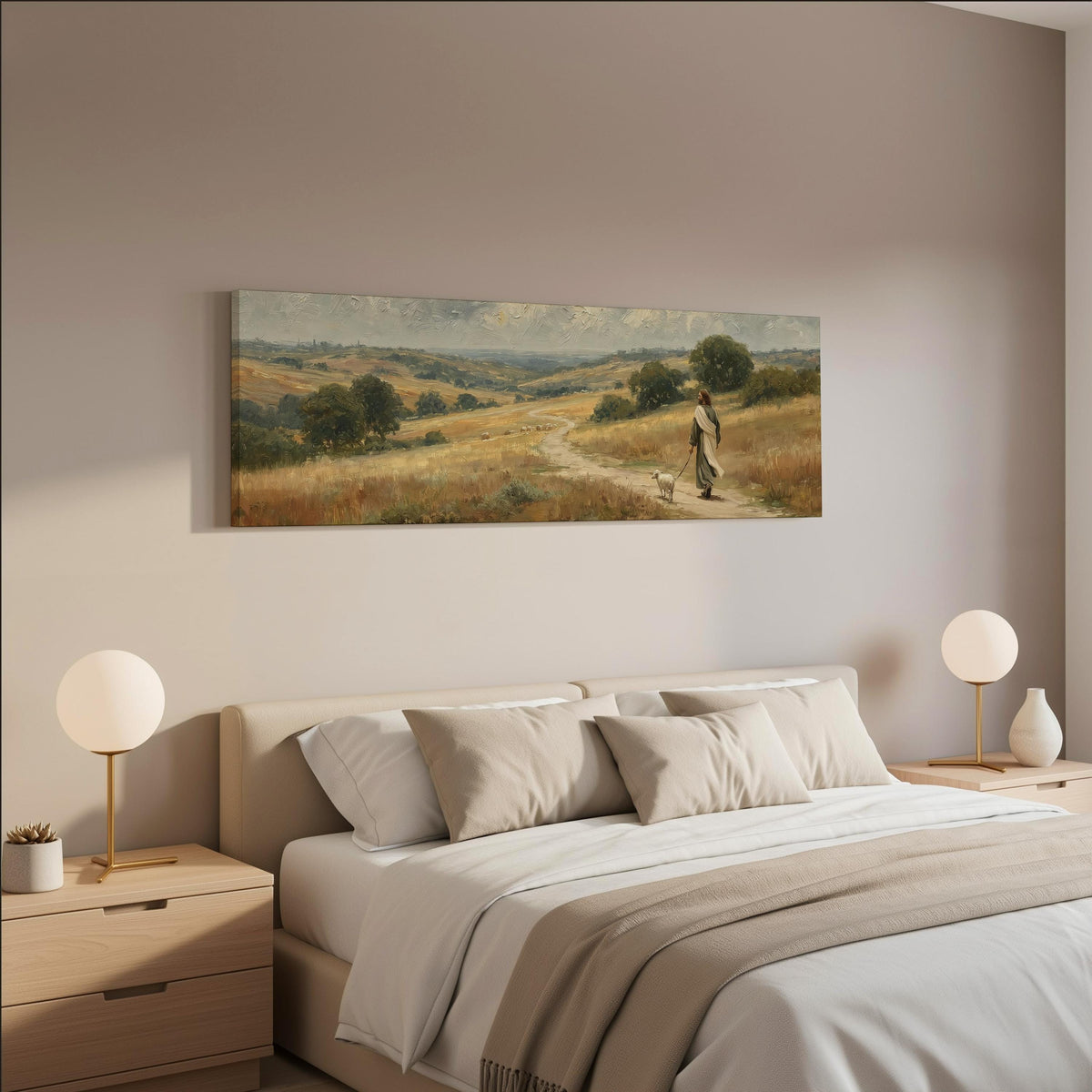 Jesus walking with a sheep on a golden hillside wide panoramic canvas print above a bed in a neutral bedroom