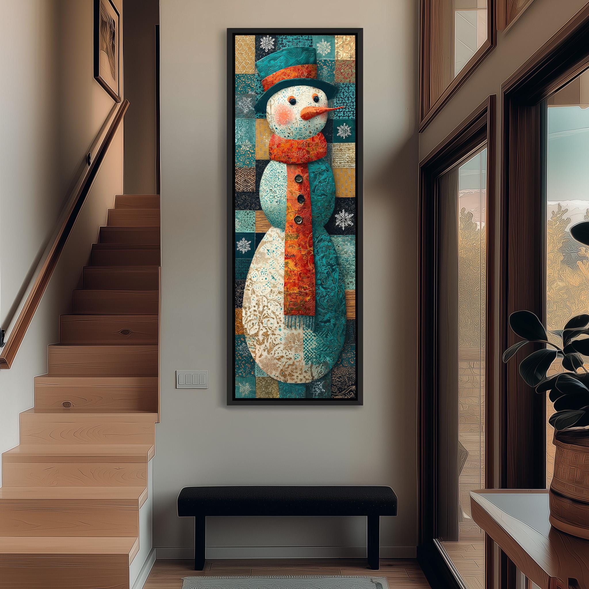 a large, colorful painting of a snowman hanging on the wall of a hallway.