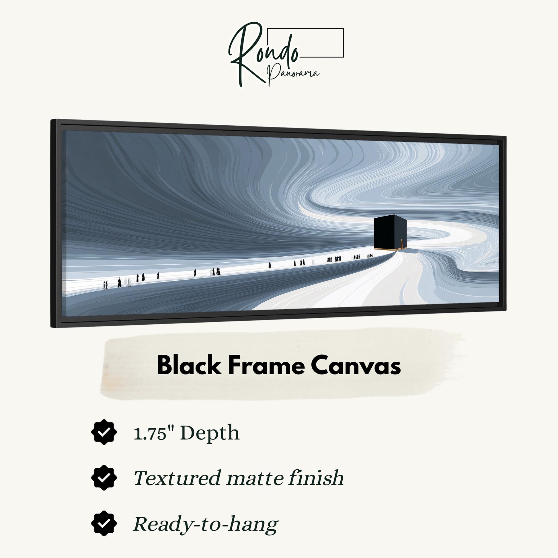 The image is a black frame canvas depicting a wavy line leading to a small building in the distance.