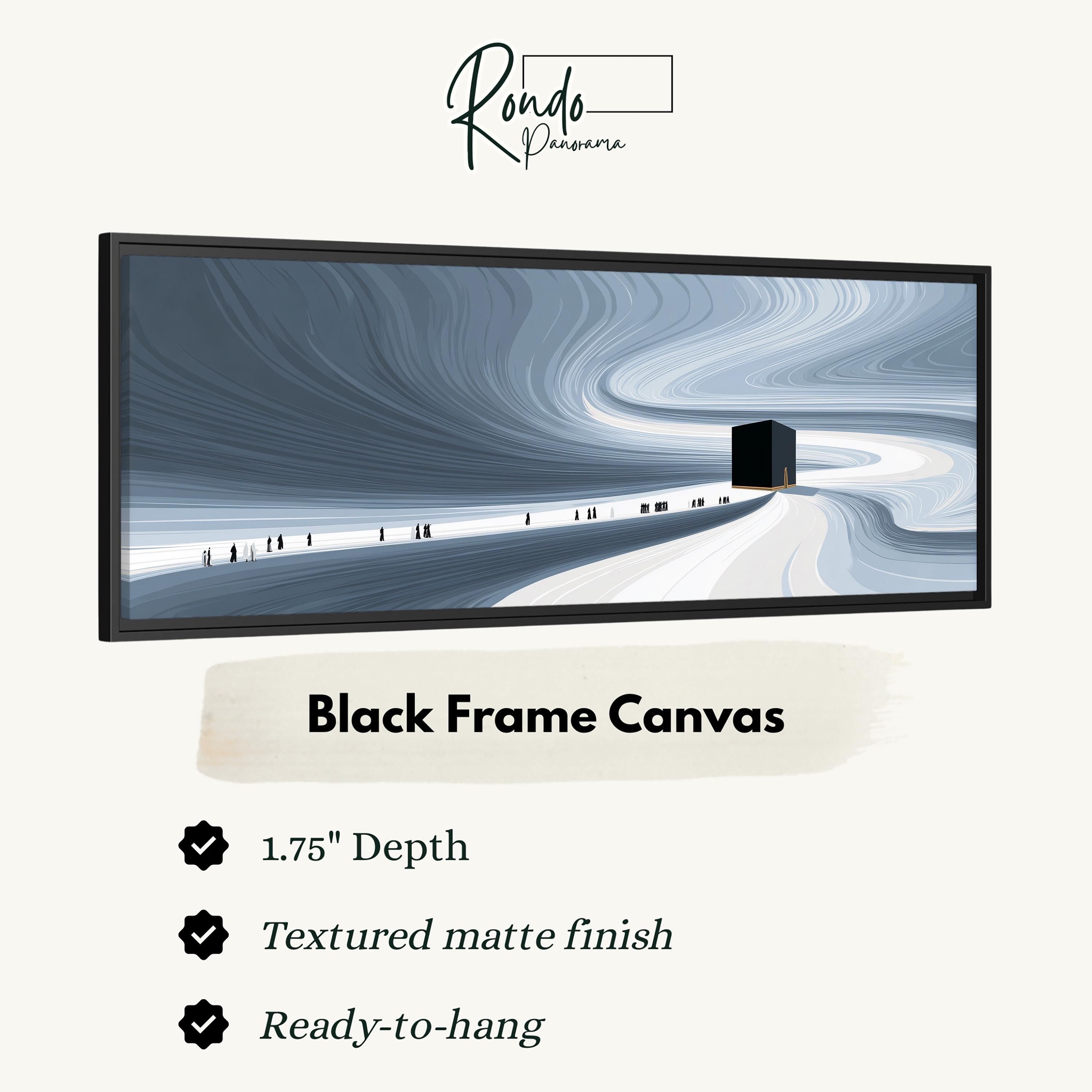 The image is a black frame canvas depicting a wavy line leading to a small building in the distance.