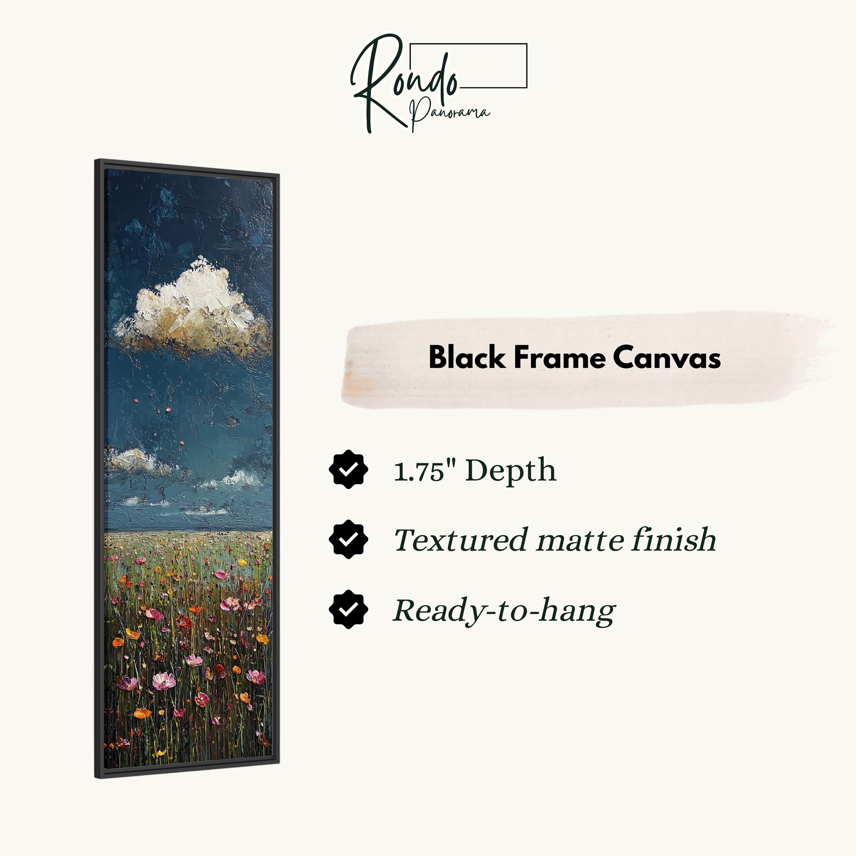 The image is a black frame canvas depicting a field of flowers with a cloudy sky in the background.