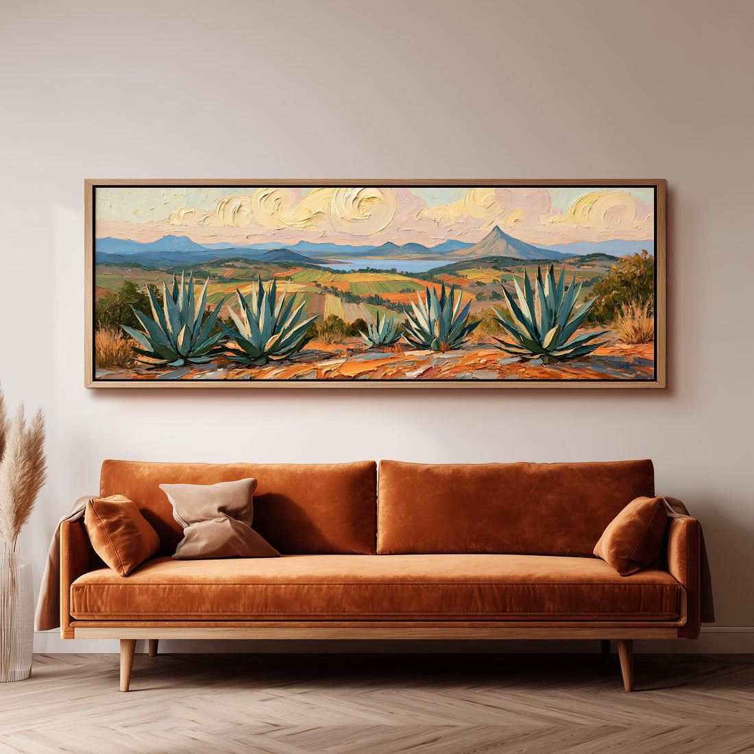 Agave plants above a desert valley long horizontal canvas print above a sofa in a living room