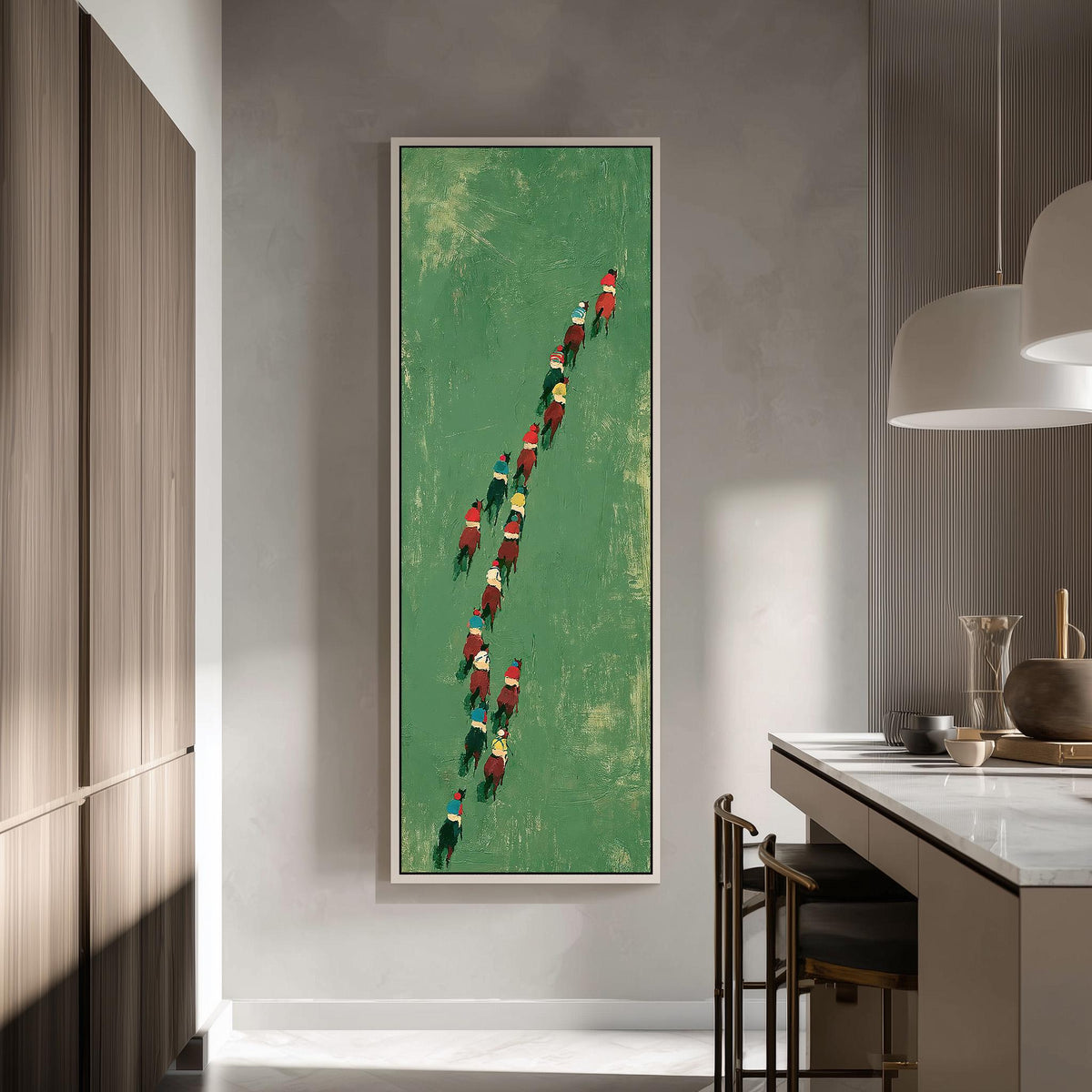 Racehorses and jockeys seen from above tall skinny canvas print in a modern kitchen