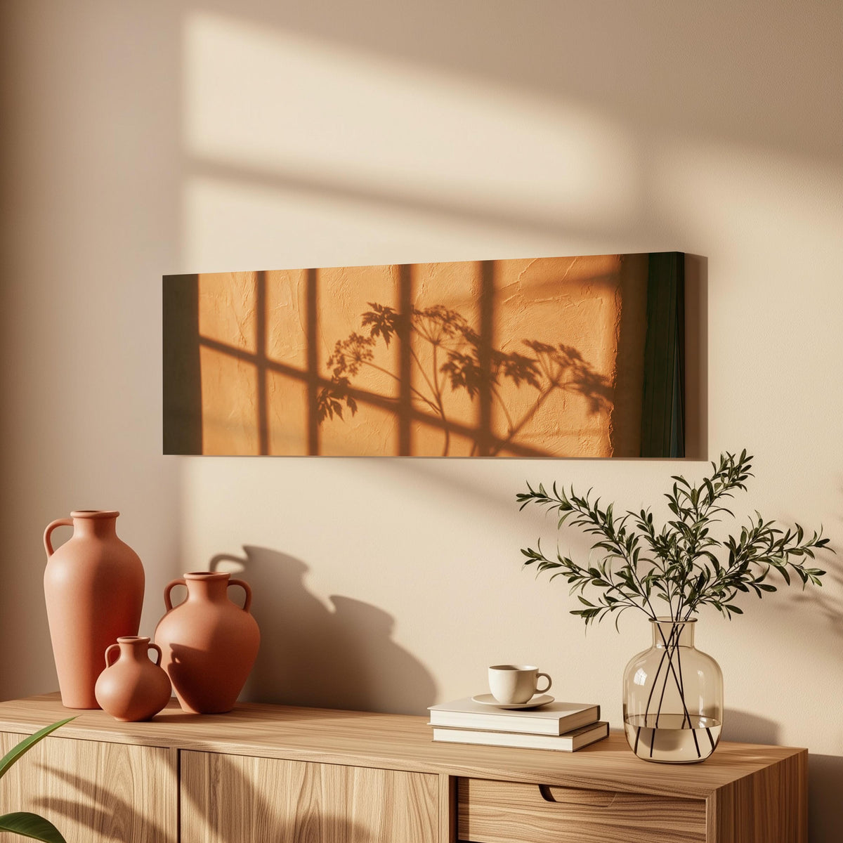 Plant and window shadows on a terracotta wall long horizontal canvas print above a wooden sideboard