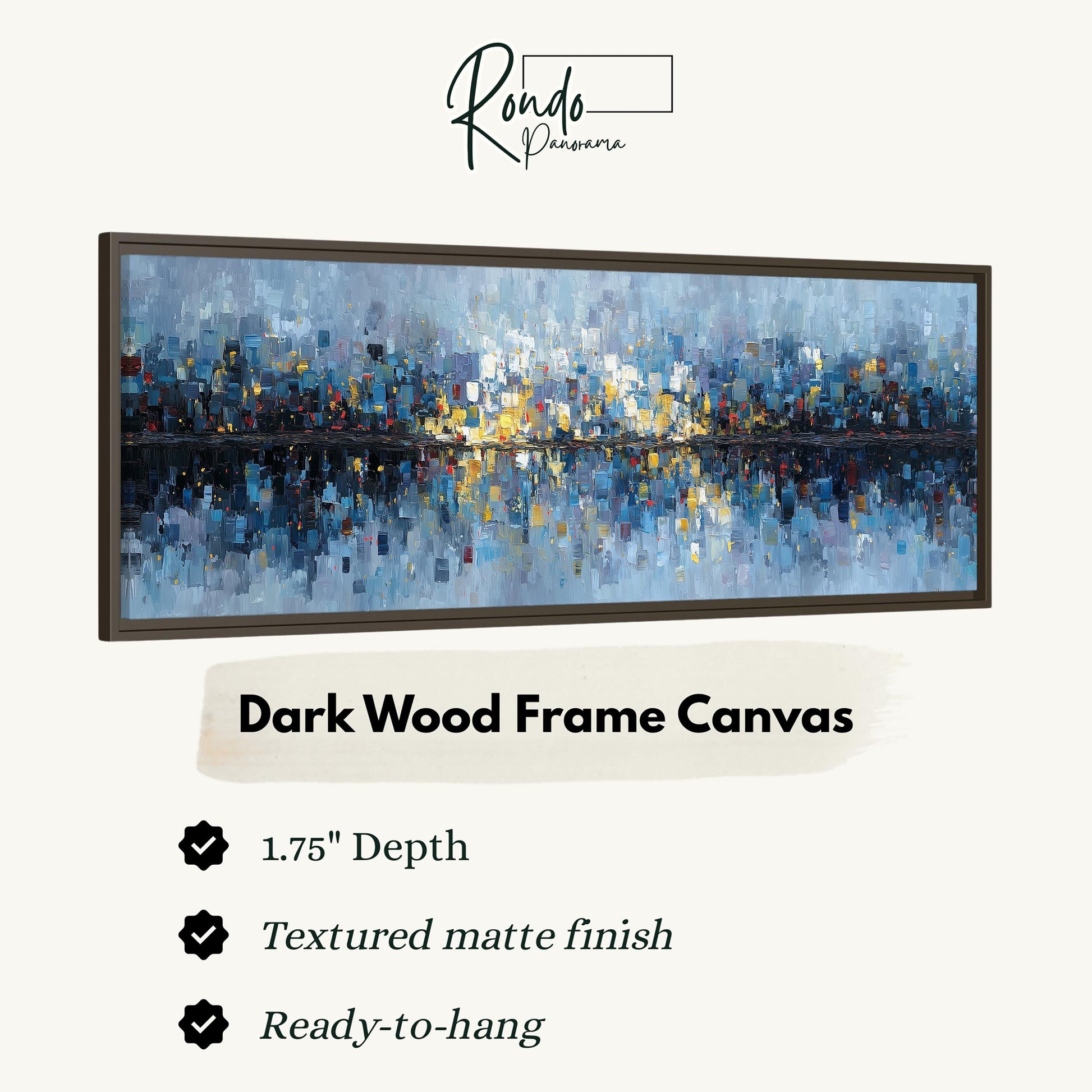 The image is a framed artwork depicting a cityscape with a dark wood frame.