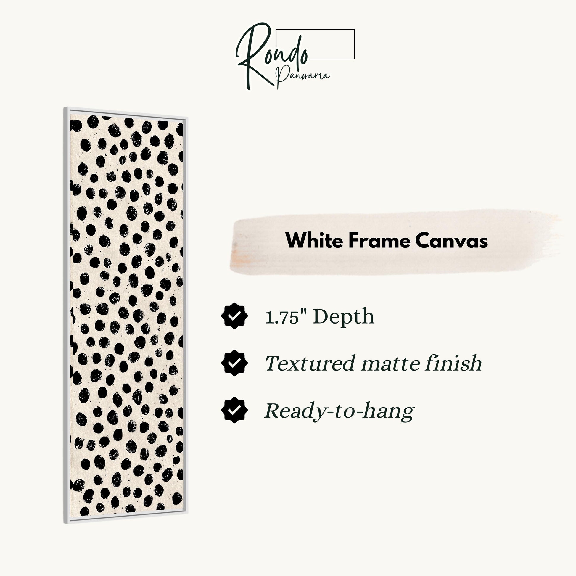 a white frame canvas with a black and white polka dot pattern.