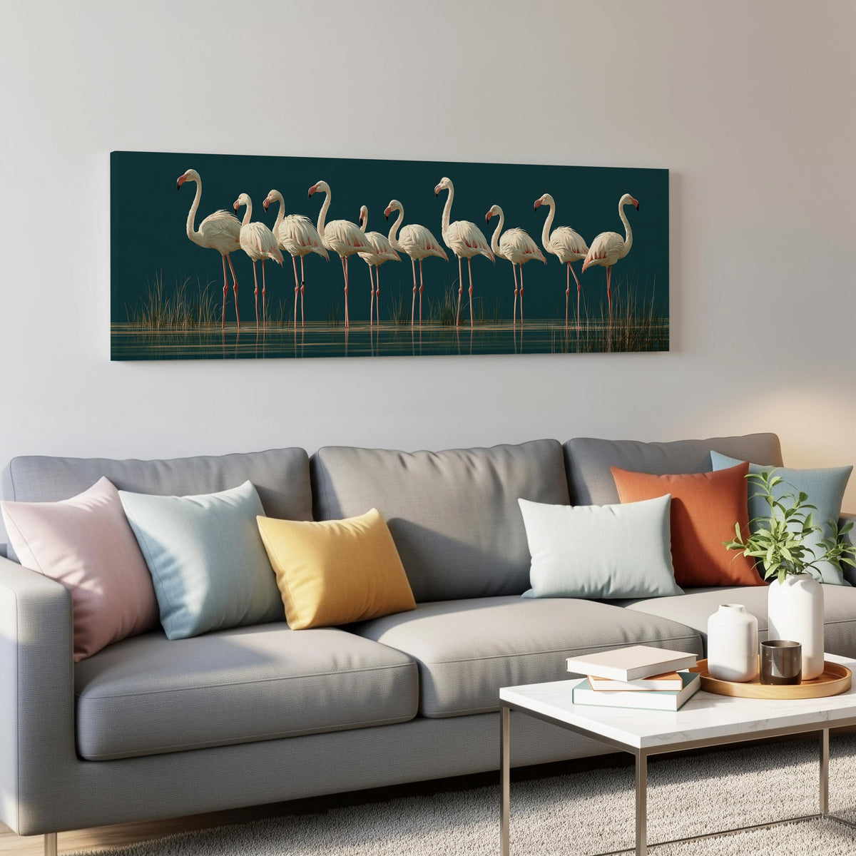 Pale flamingos wading on teal panoramic canvas print above a grey sofa in a living room