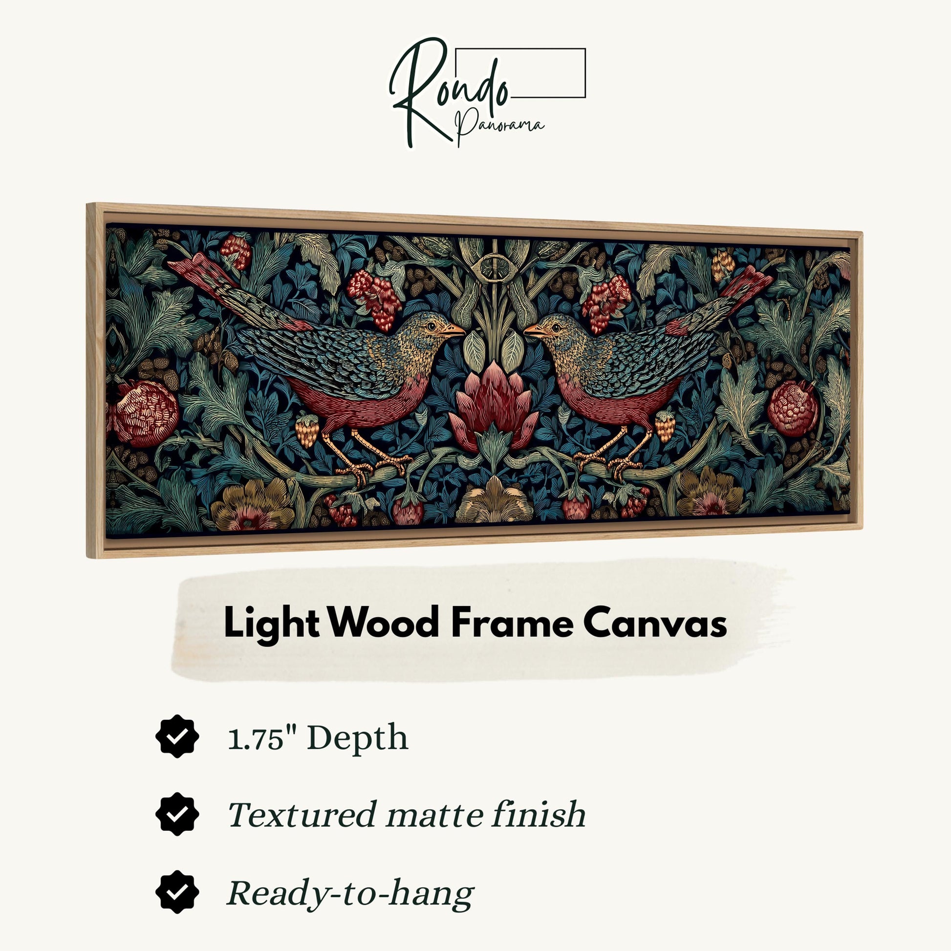 The image is a light wood frame canvas featuring a detailed illustration of two birds, possibly a robin and a sparrow, surrounded by a floral and leafy background.