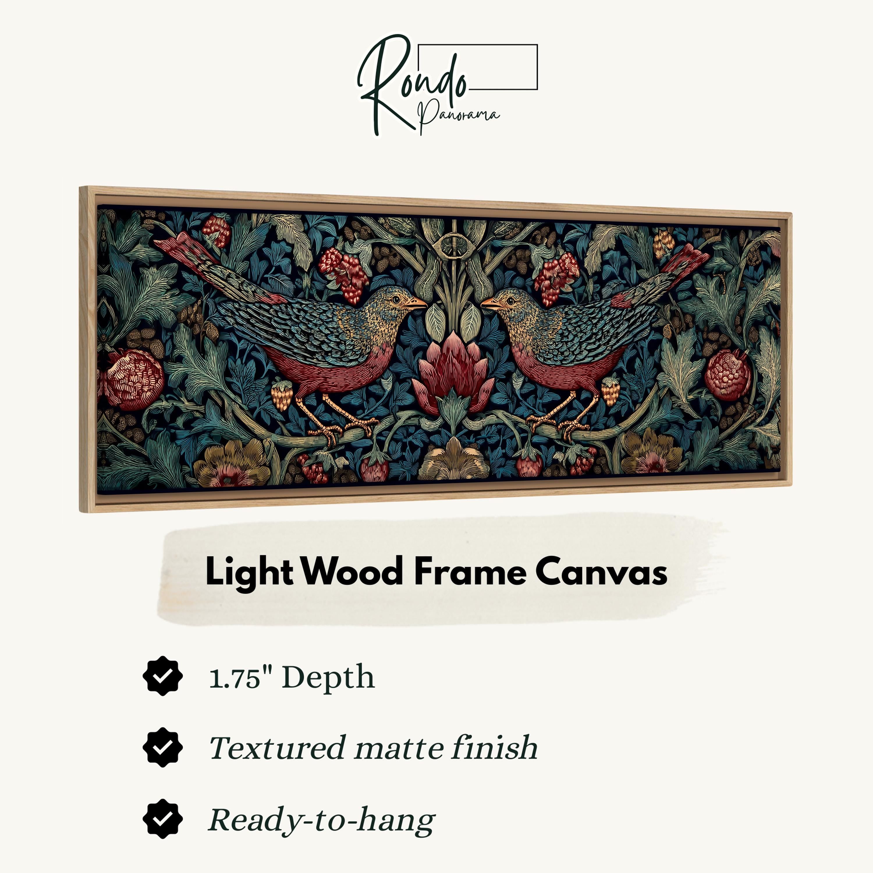 The image is a light wood frame canvas featuring a detailed illustration of two birds, possibly a robin and a sparrow, surrounded by a floral and leafy background.