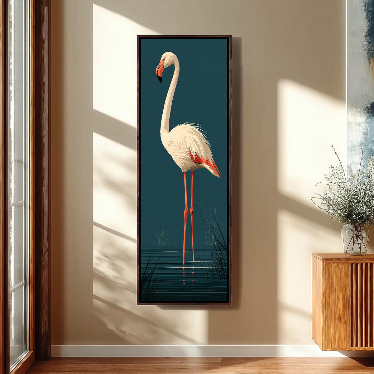 Pale flamingo standing on dark teal long vertical canvas print in a sunlit living space