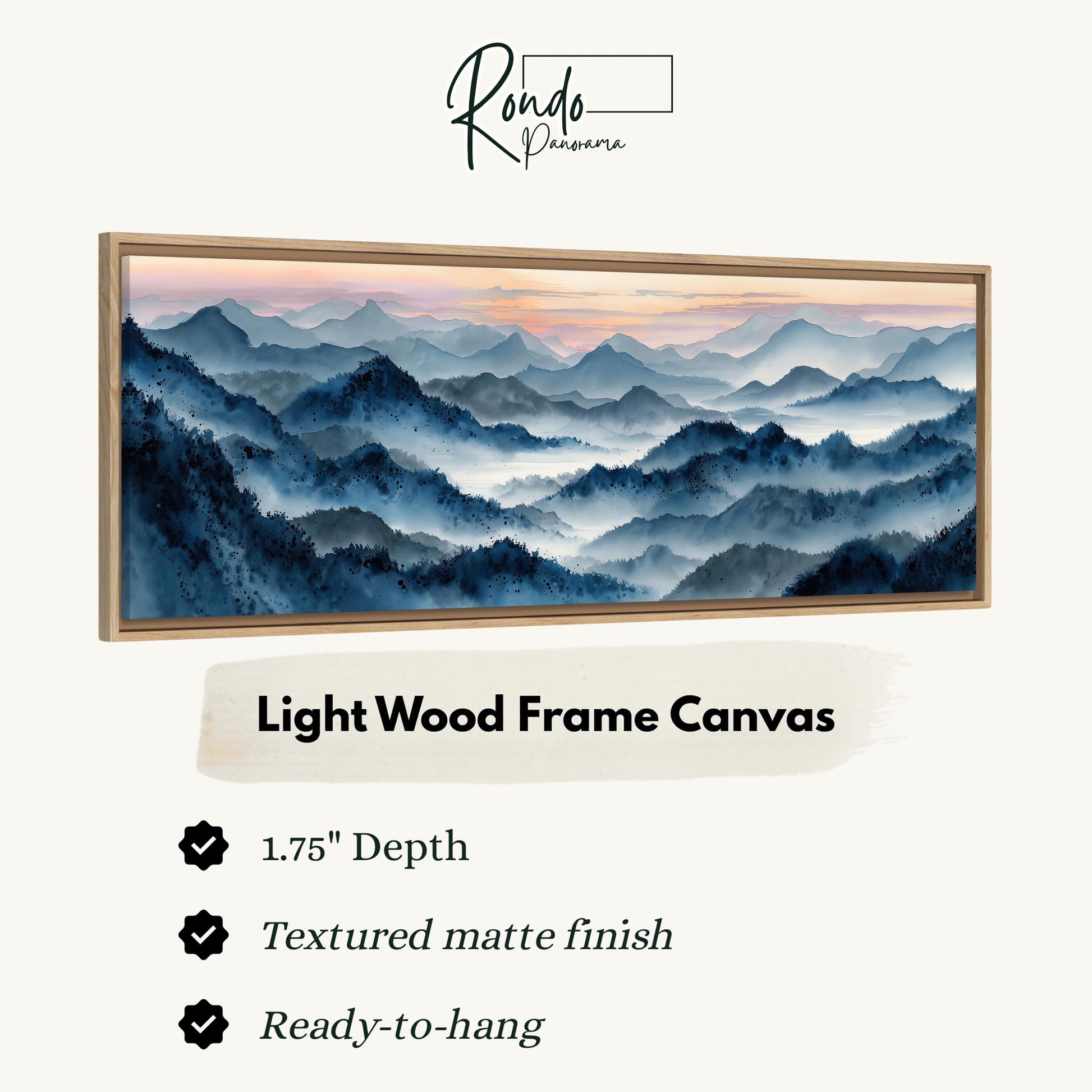 The image is a framed artwork depicting a mountainous landscape with a hazy, misty atmosphere.