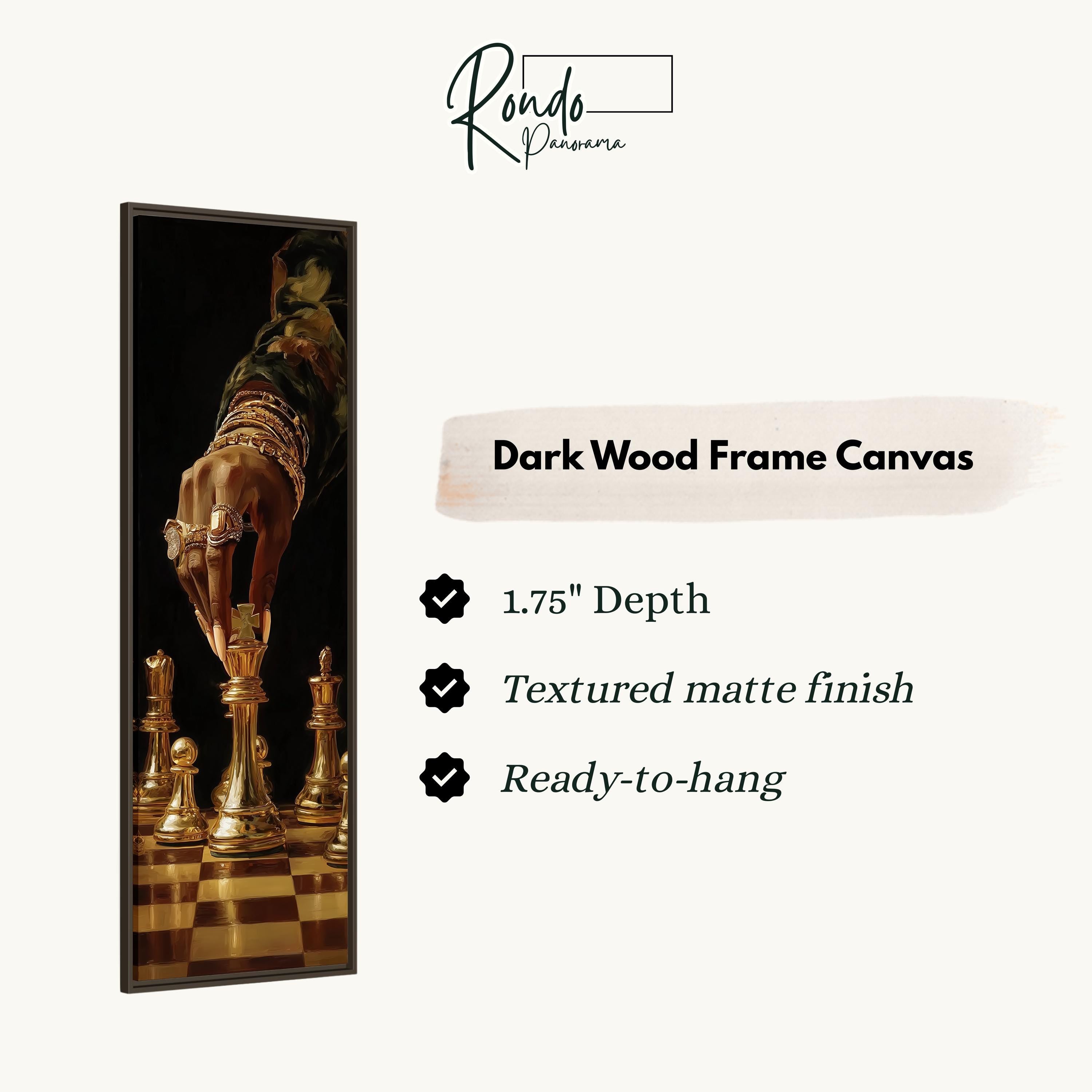 a dark wood frame canvas with a hand holding a chess piece, specifically a knight, on a chessboard.