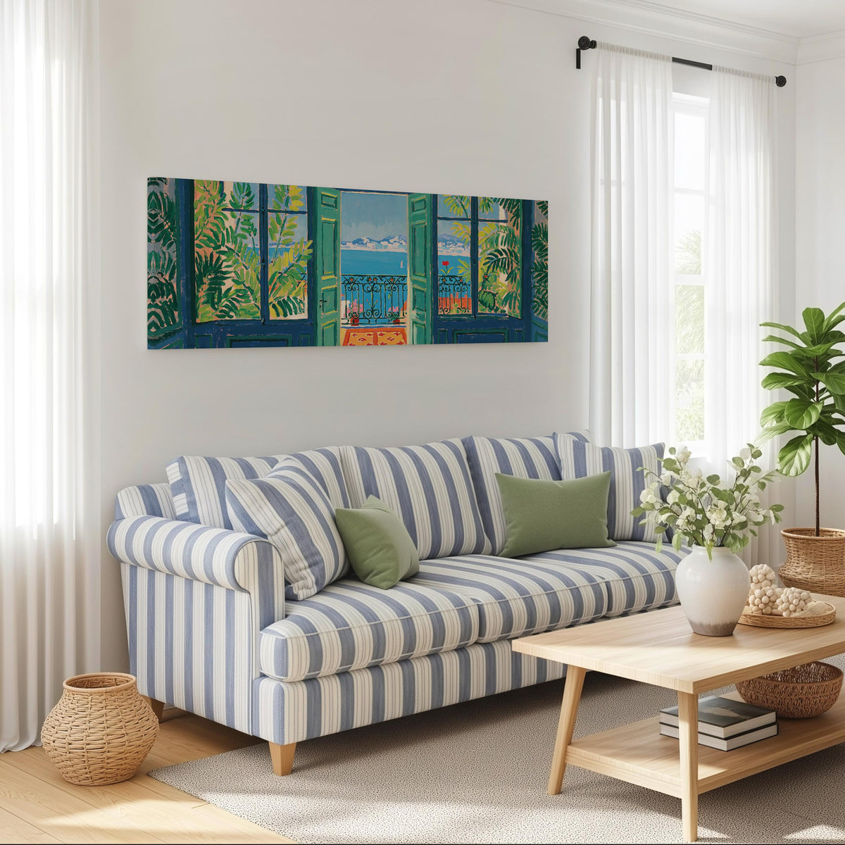 Riviera balcony view through open windows long horizontal canvas print above a striped sofa in a coastal living room