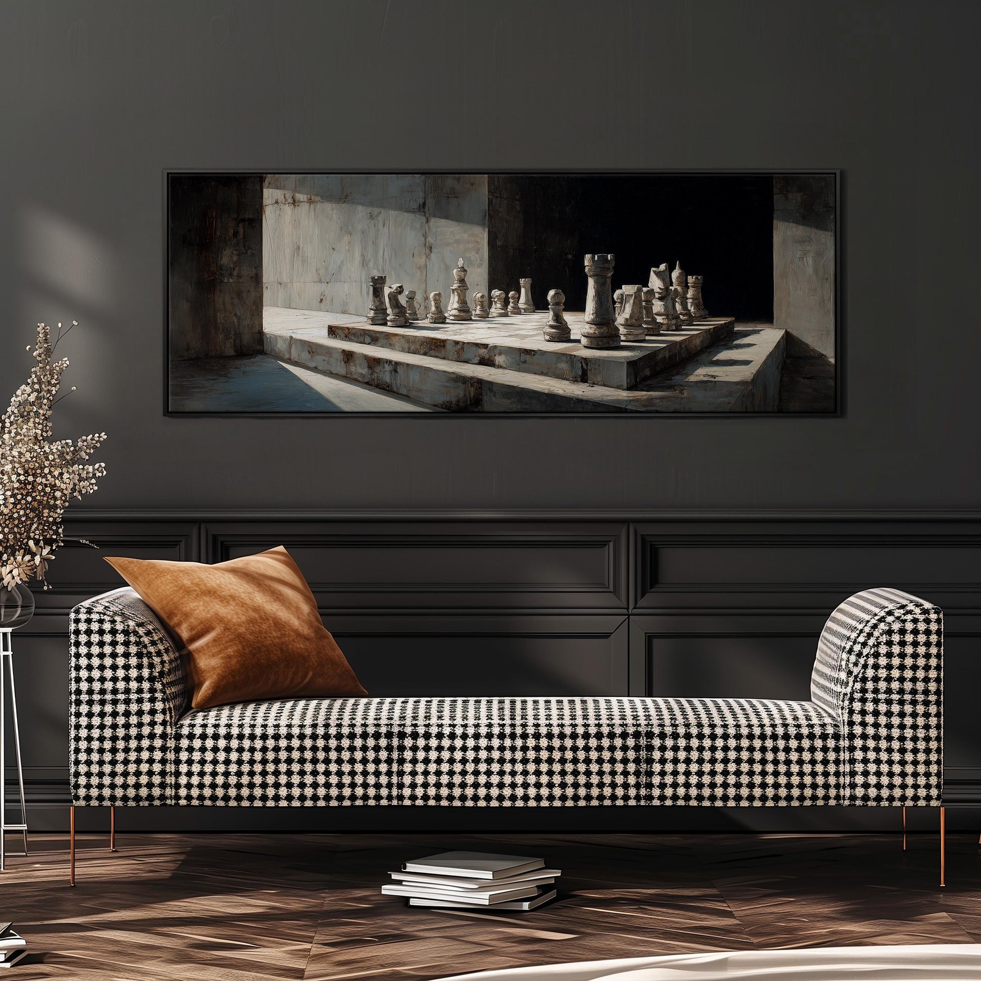 a black and white checkered sofa with a brown throw pillow, positioned in front of a large framed painting depicting a chessboard with chess pieces.