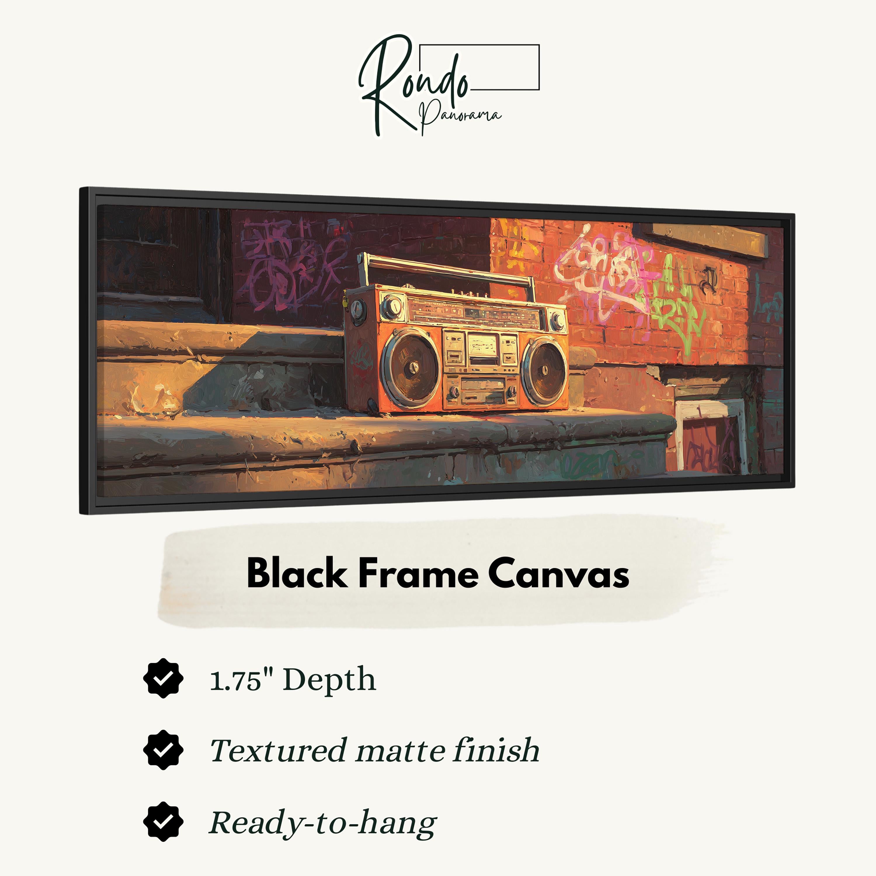 The image is a black frame canvas featuring a vintage-style radio on a ledge with graffiti on the wall behind it.