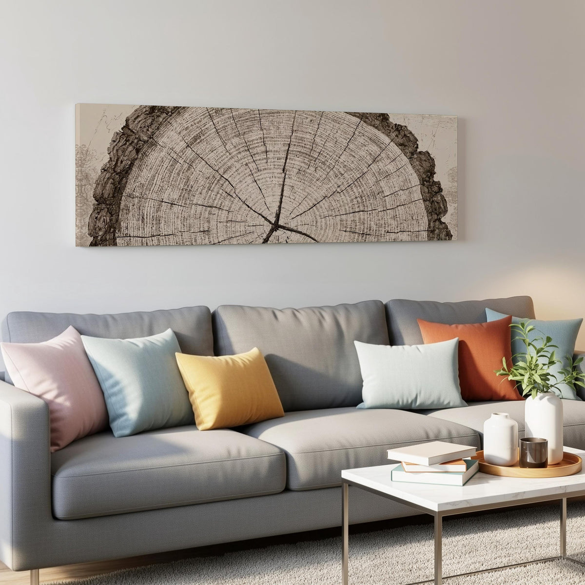 Sepia tree ring with radial cracks panoramic canvas print above a grey sofa in a living room