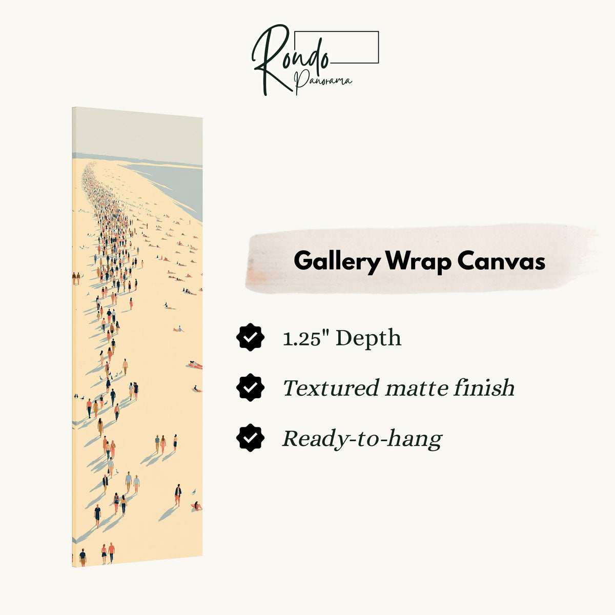 Crowds along a curving beach shoreline from above gallery wrap canvas with the image wrapped around the edges