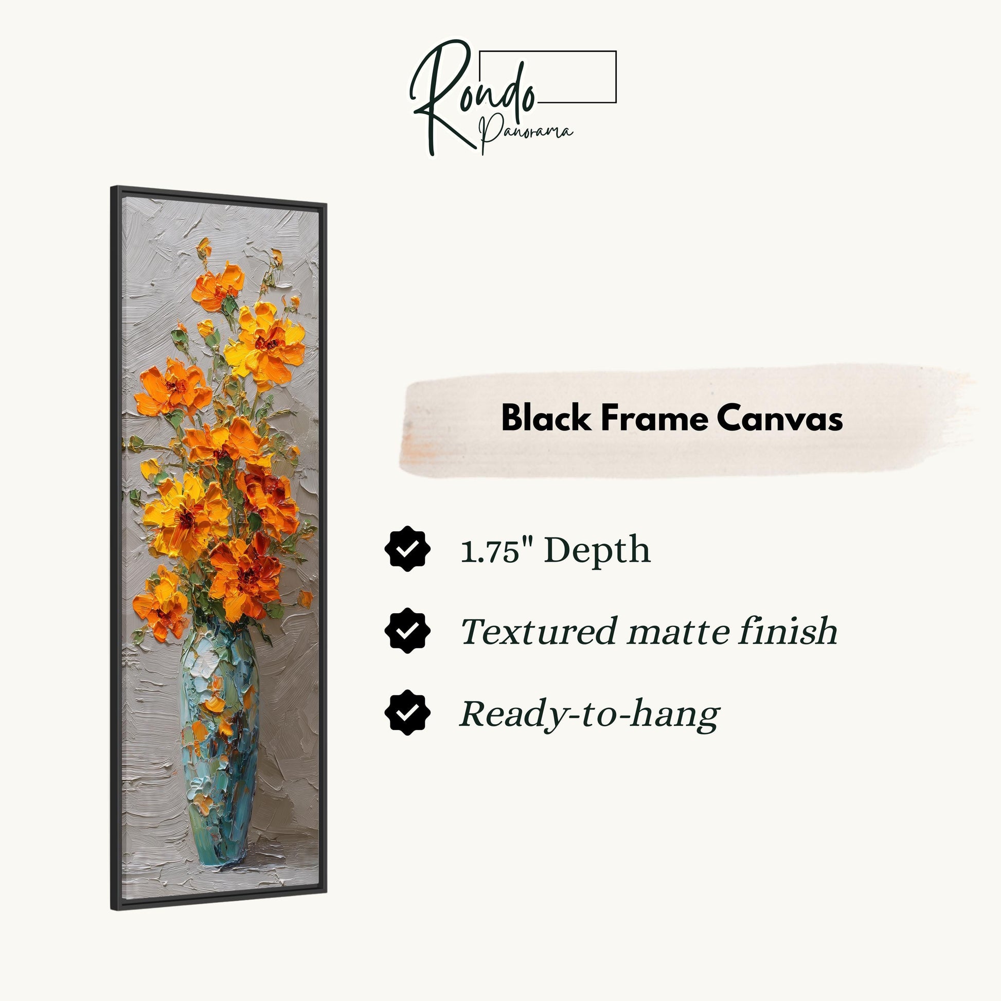 The image is a black frame canvas featuring a painting of orange flowers in a vase.