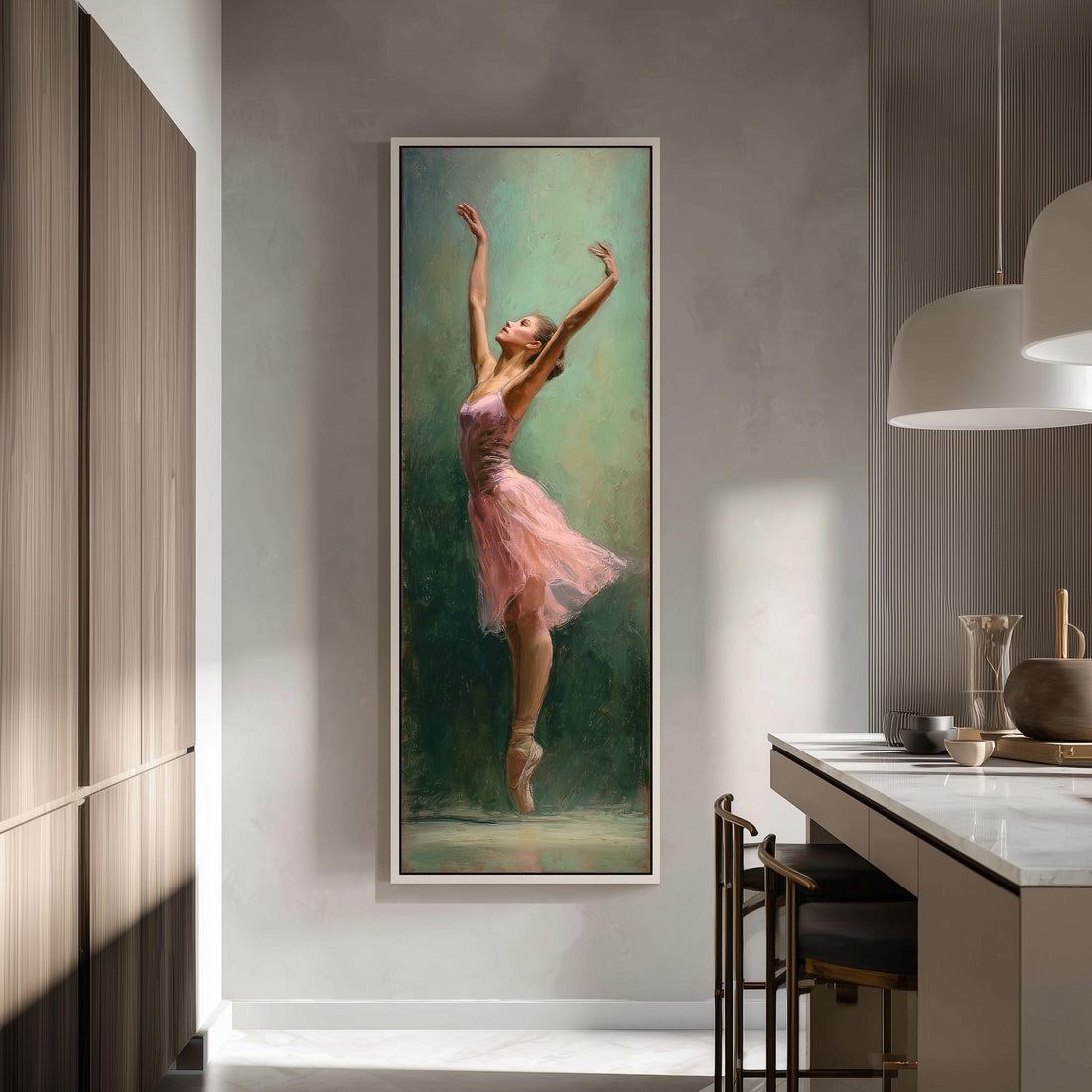 a painting of a woman in a pink dress with her arms raised, set against a green background.