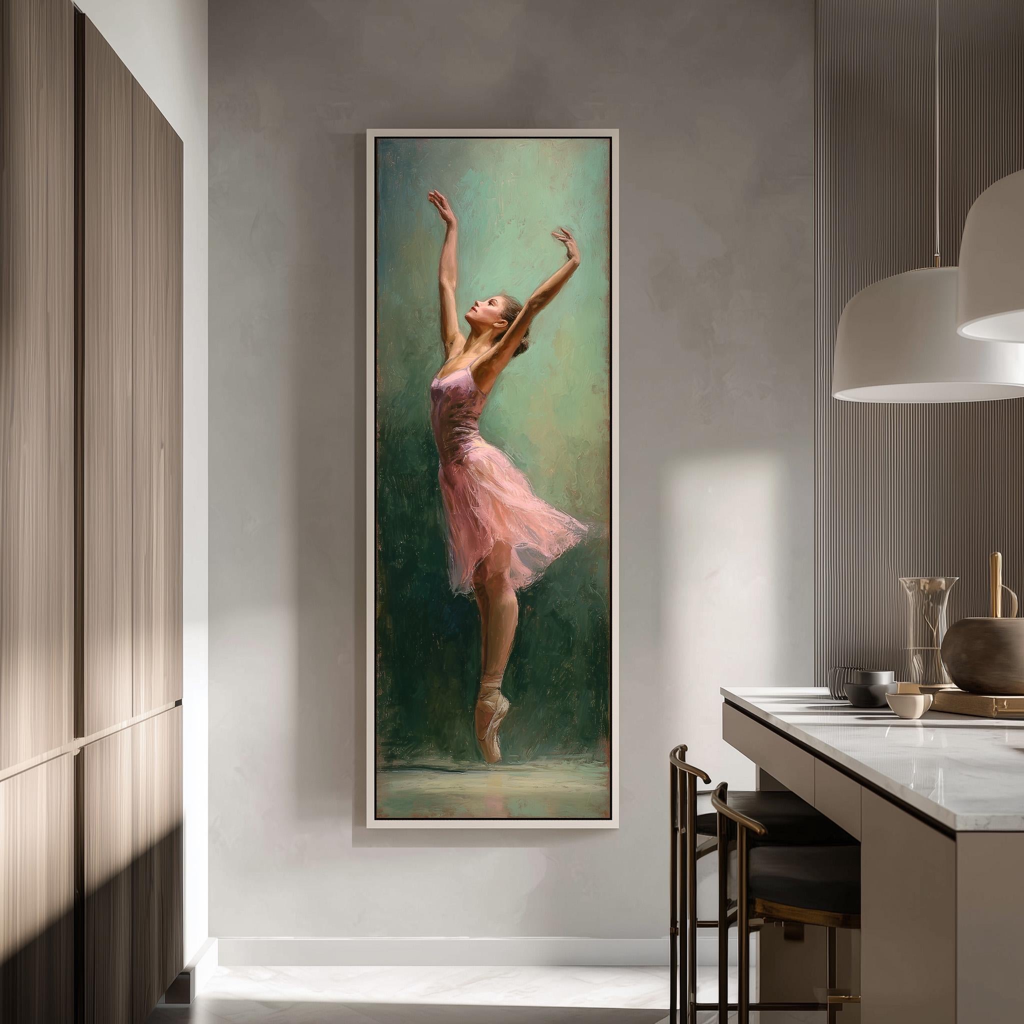 a large framed painting of a woman in a pink tutu, with her arms raised, set against a green background. The painting is hanging on a wall in a modern, minimalist-style room.