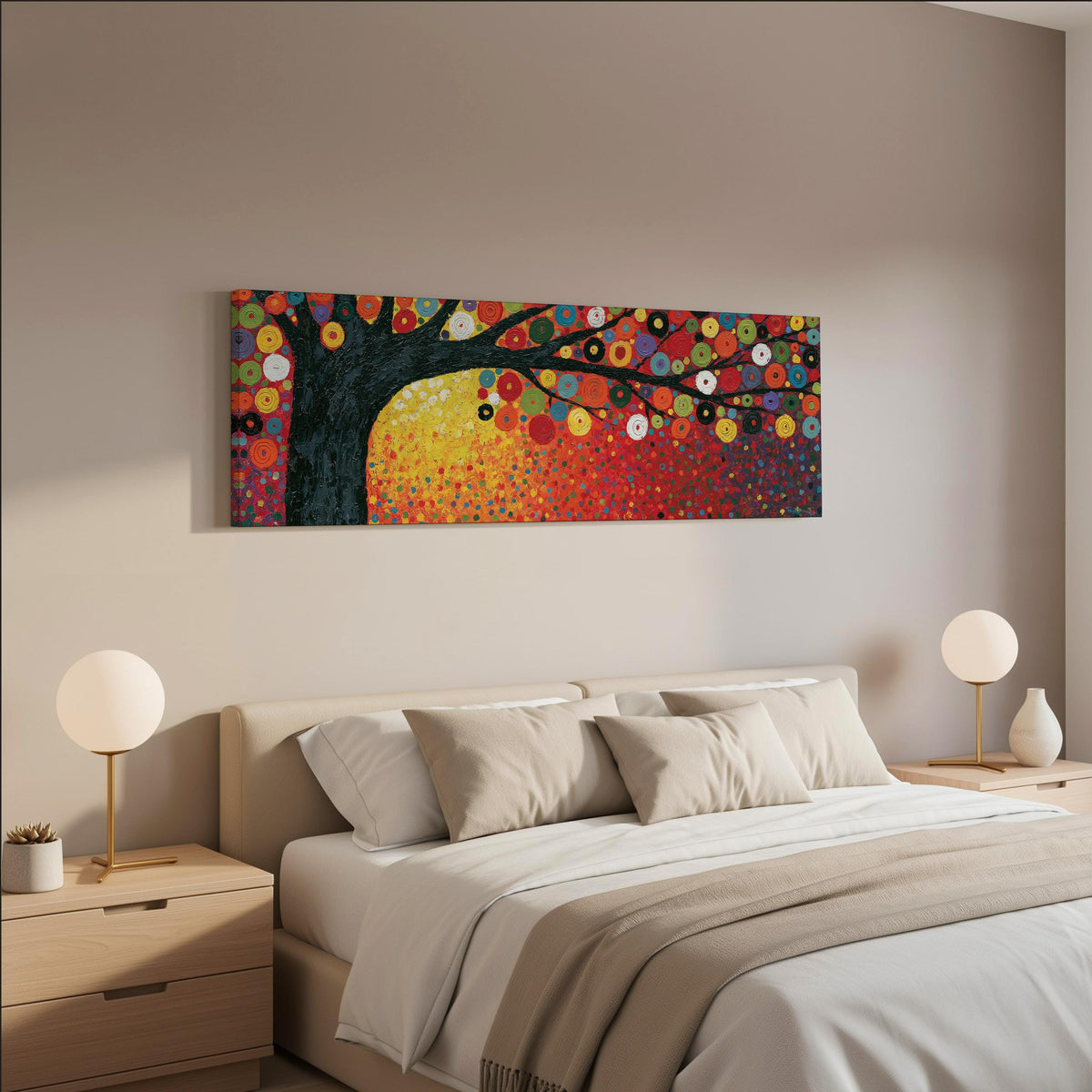 Amber tree of life in a Klimt style wide panoramic canvas print above a bed in a neutral bedroom