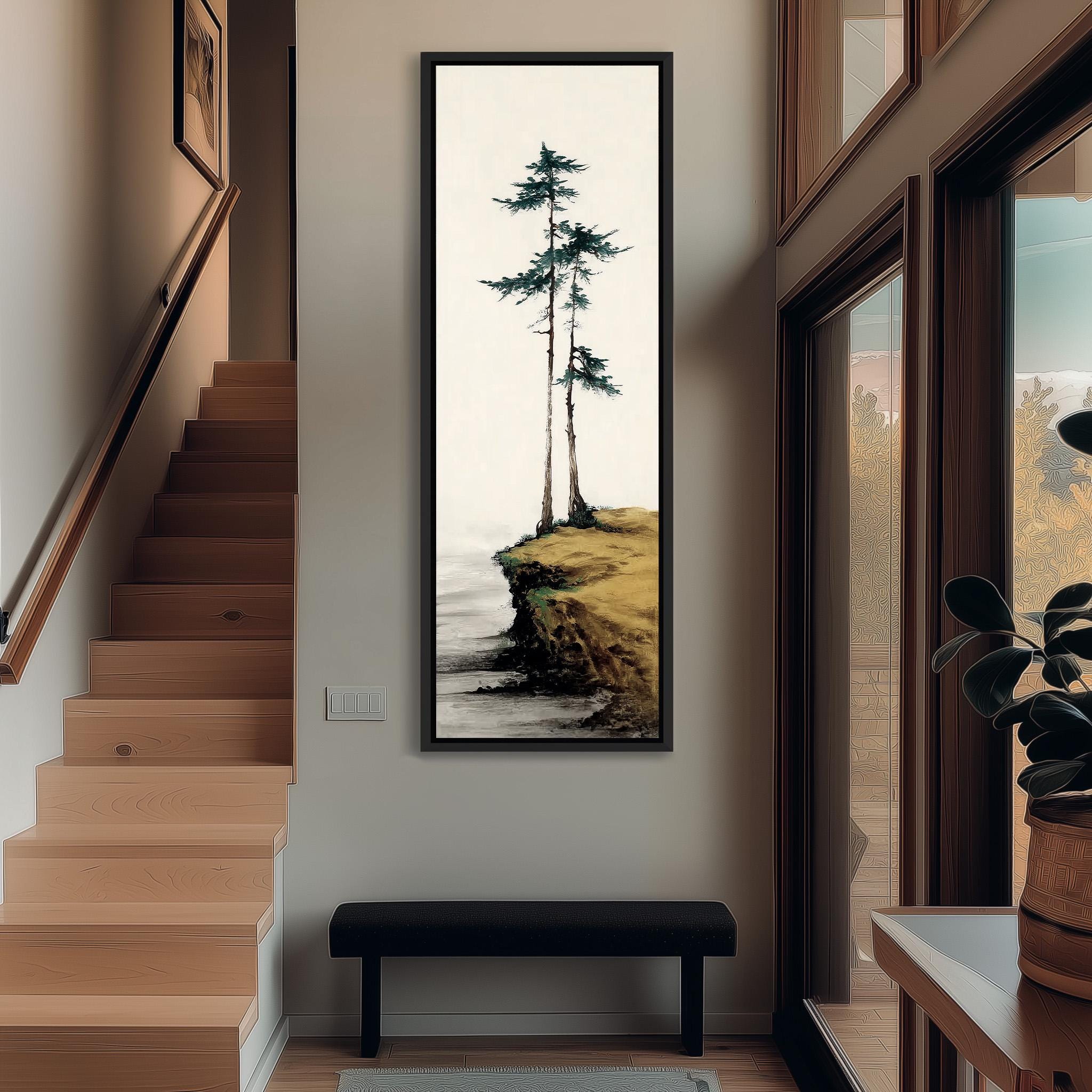 a hallway with a large painting of a cliff with trees hanging on the wall. The painting is framed and hangs above a bench, creating a serene and artistic atmosphere in the space.
