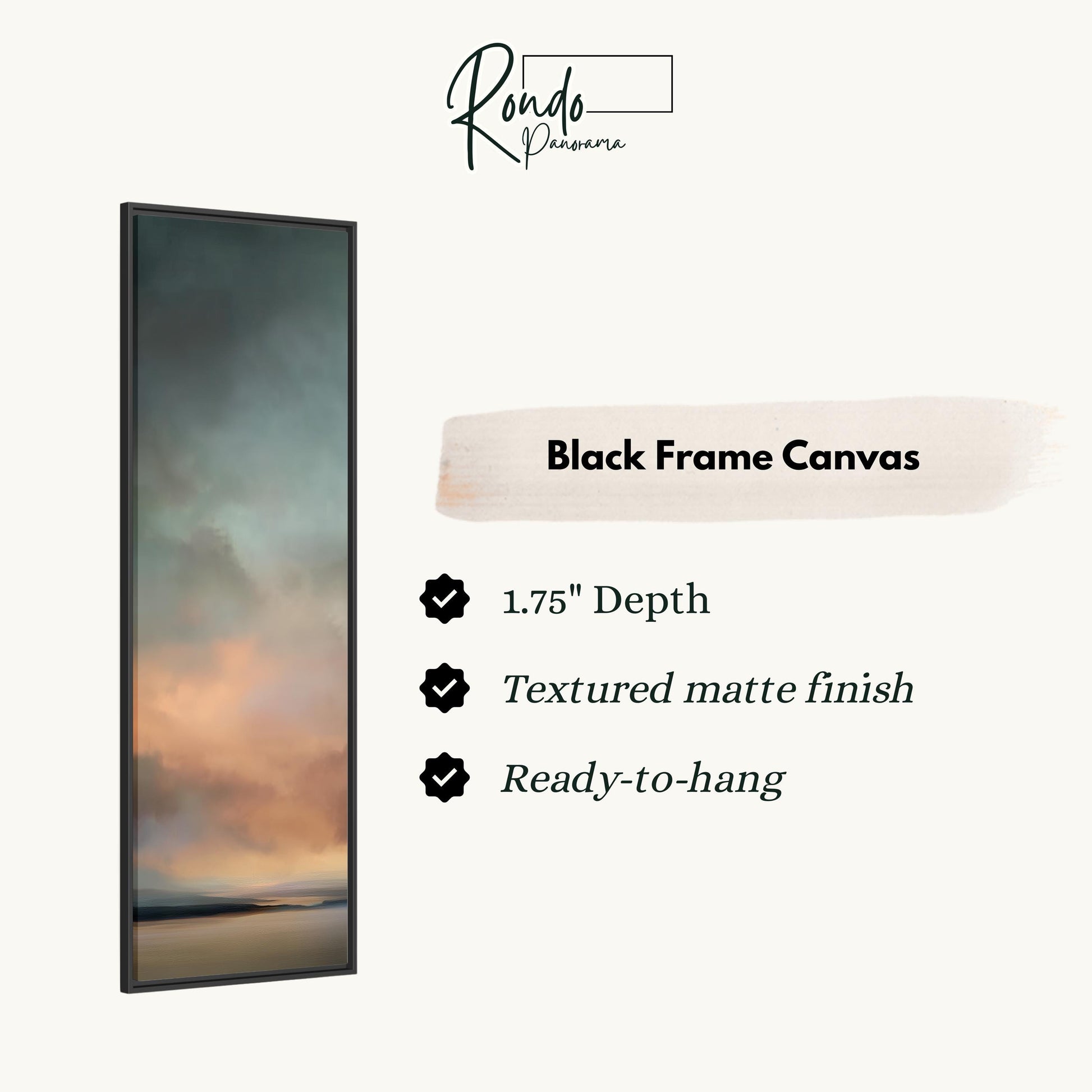 The image is a black frame canvas with a painting of a sunset landscape.