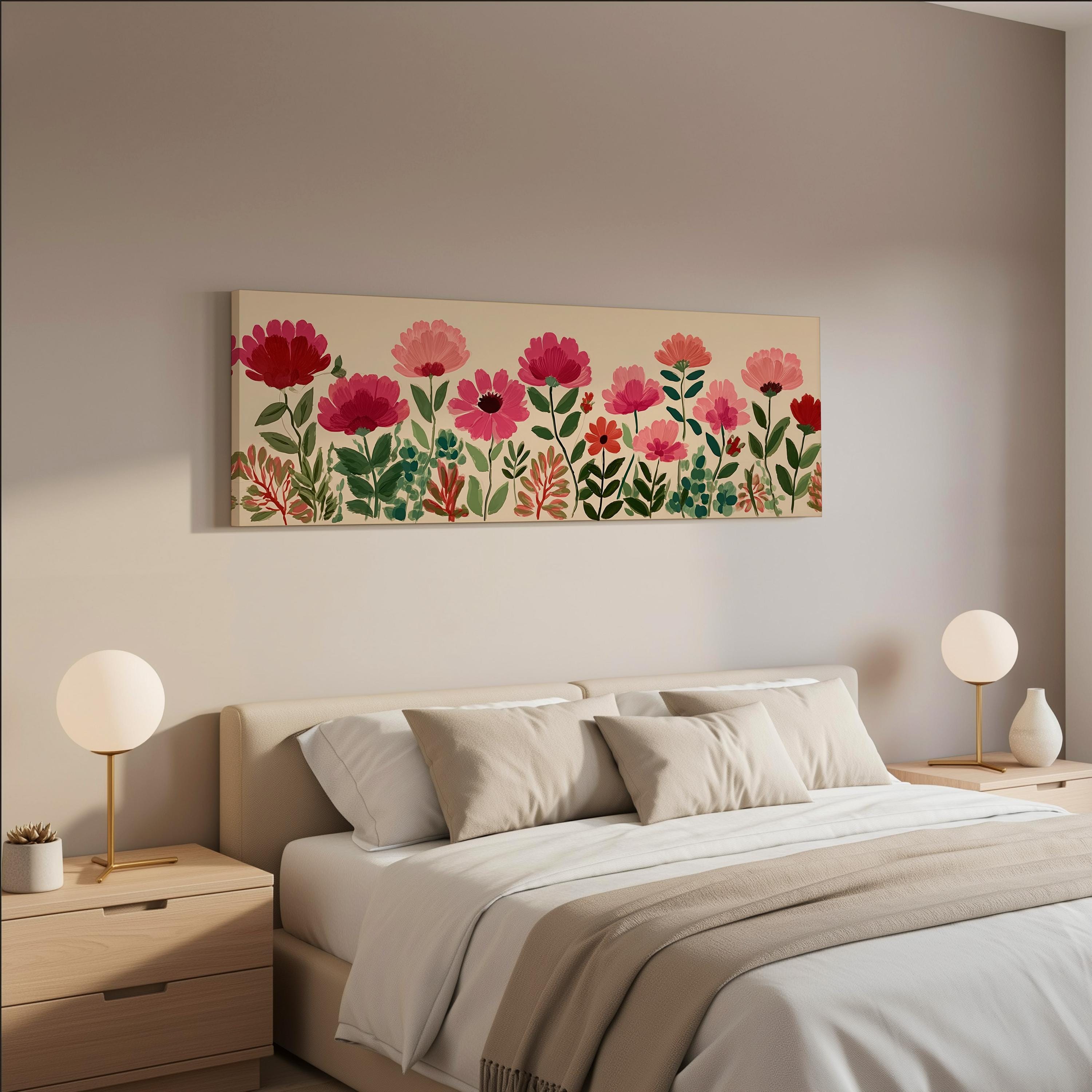 a bedroom with a large bed, two nightstands with lamps, and a large floral artwork hanging on the wall above the bed.