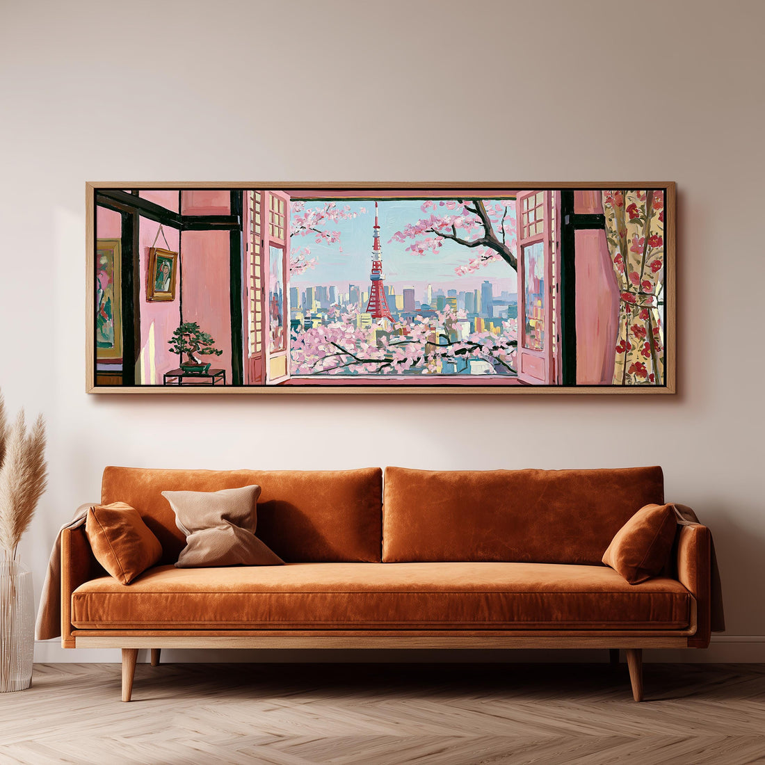 Tokyo Tower and cherry blossoms through a pink window long horizontal canvas print above a sofa in a living room