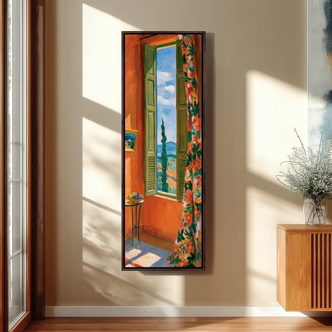 Tuscan cypress hills through an orange room window long vertical canvas print in a sunlit living space