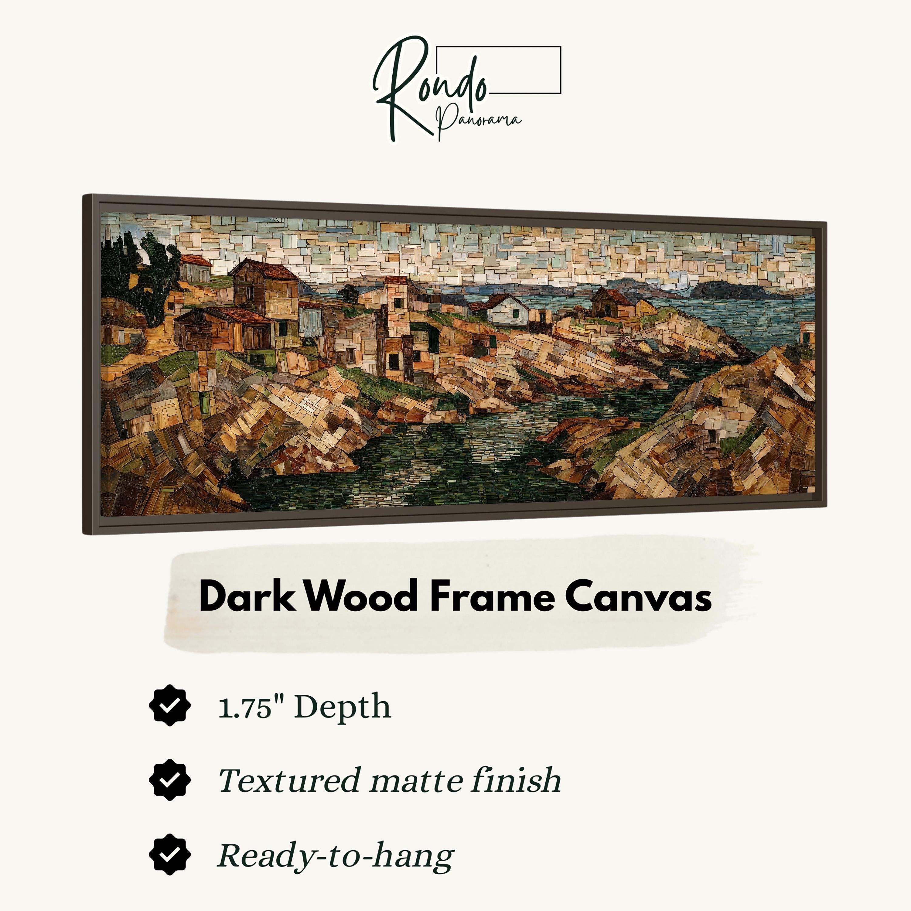 The image is a framed artwork depicting a coastal town with a rocky shoreline and a body of water.