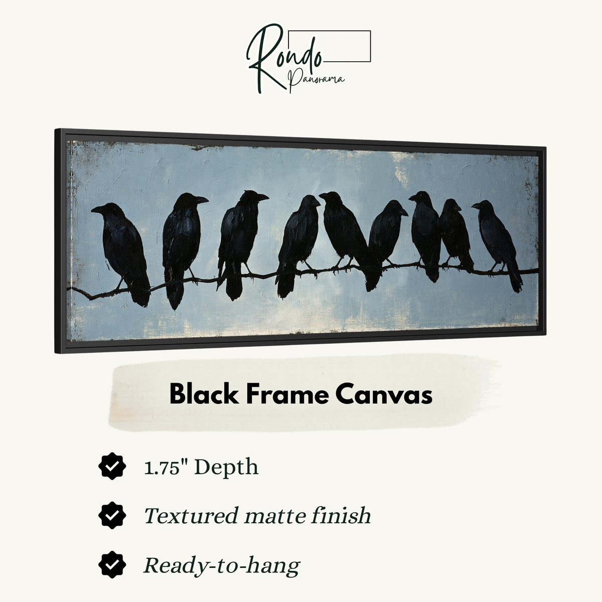 Crows gathered on a branch canvas print in a black floating frame
