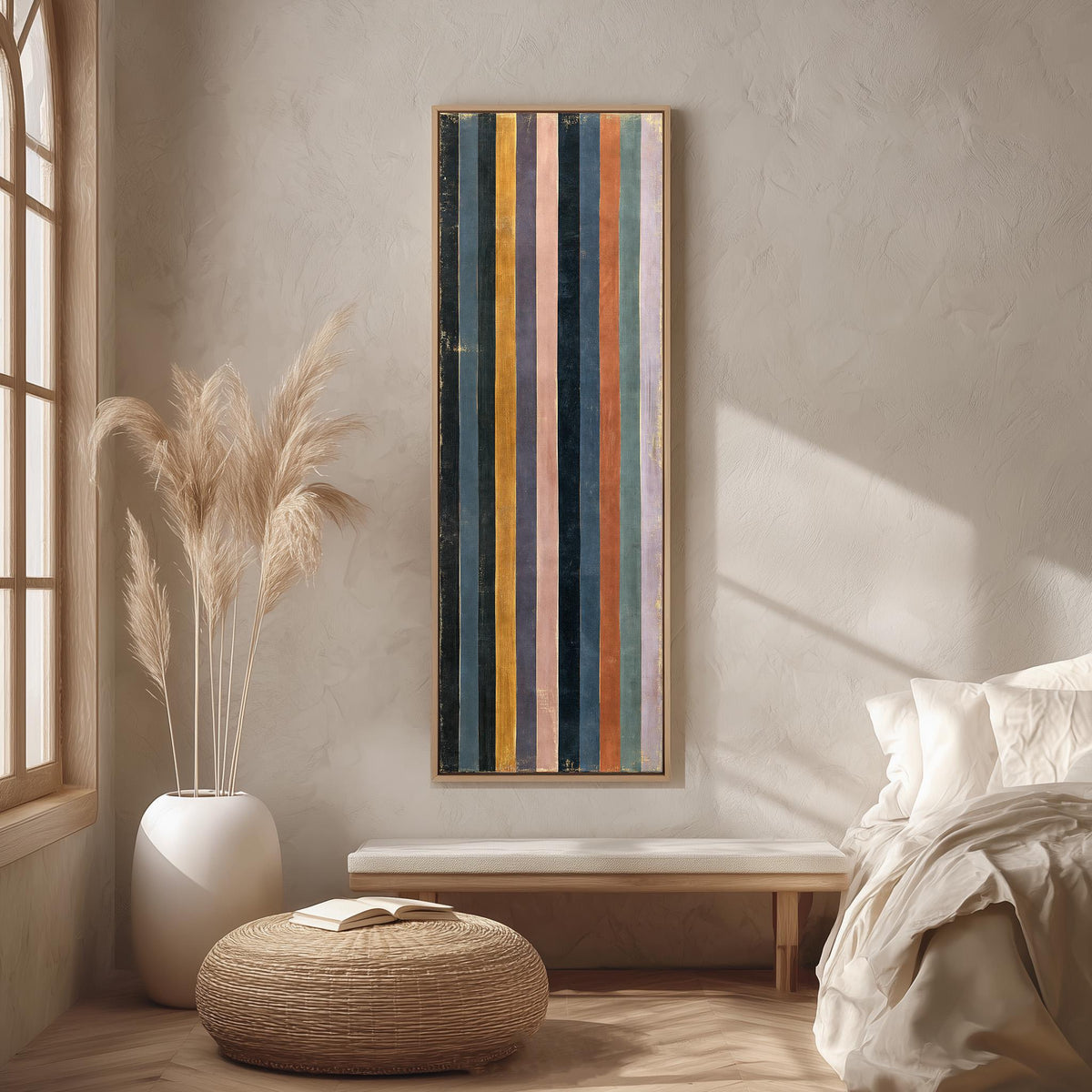Vertical stripes in navy, rust and mauve long vertical canvas print in a bright reading corner